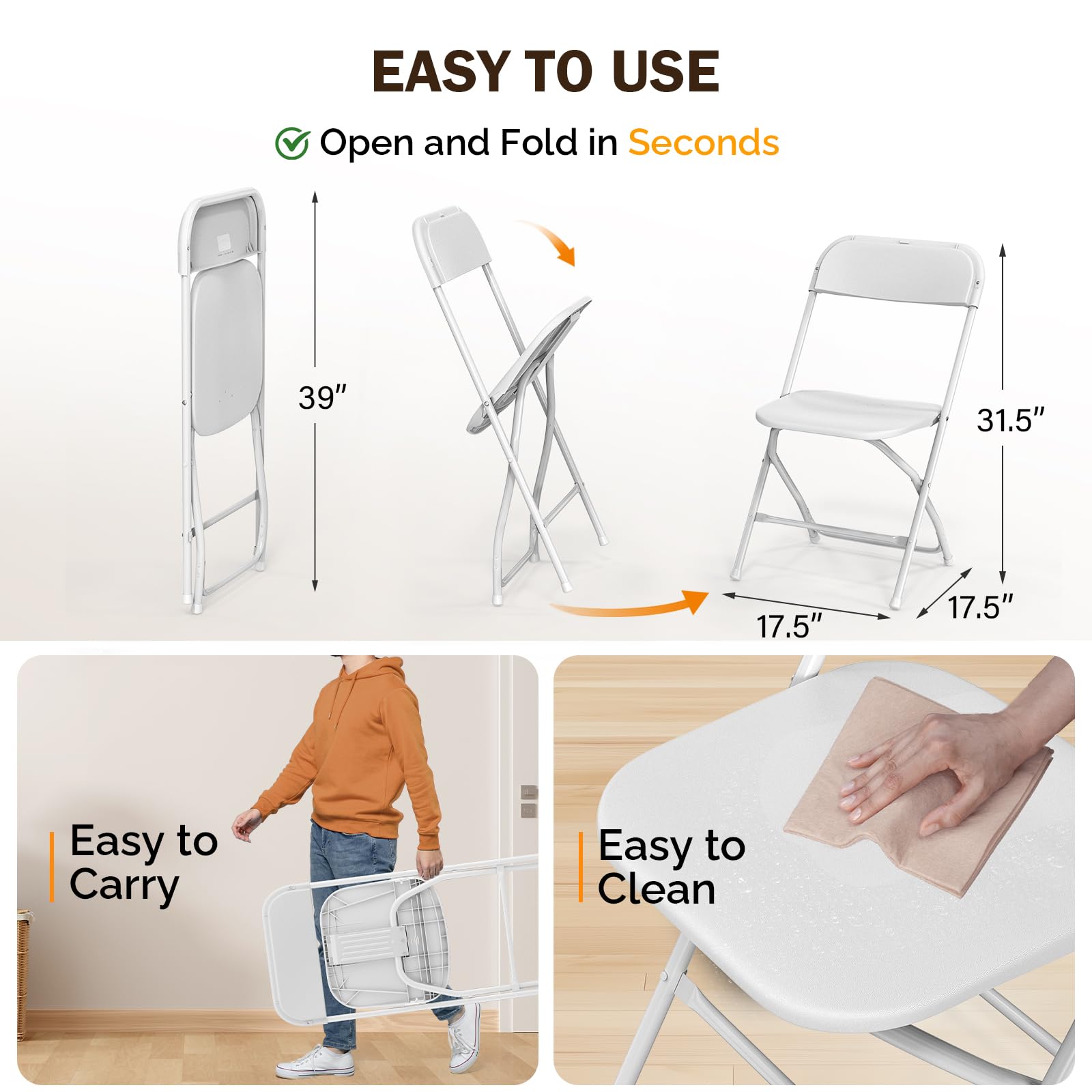 BONNLO Folding Chairs Set of 10 - White Plastic & Metal Frame
