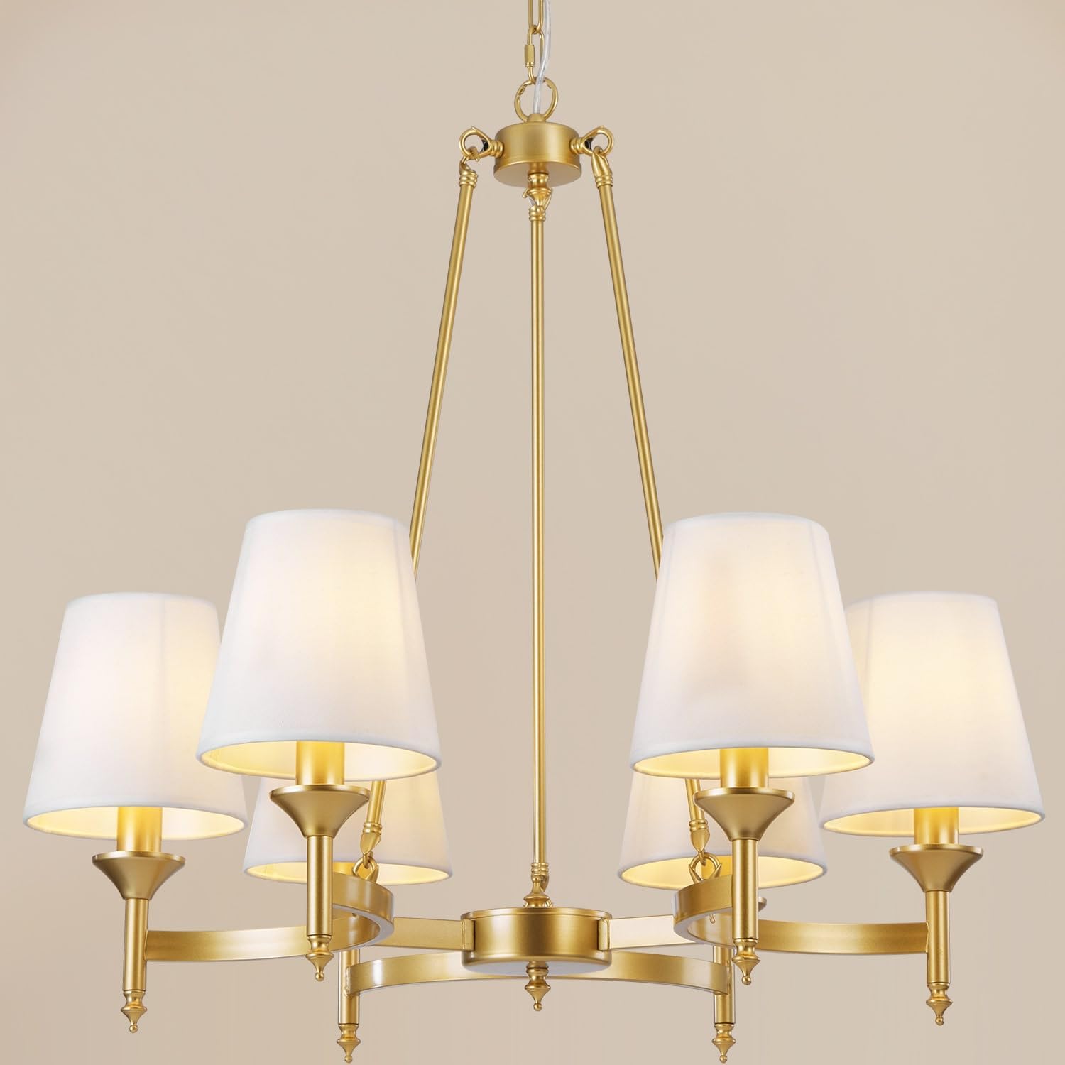 6-Light Gold Chandelier with White Fabric Shades – Modern Farmhouse Dining Room Light Fixture, Modern Gold Kitchen Chandelier Over Table, Chandeliers for Dining Room,Entryway,Foyer,Bedroom.