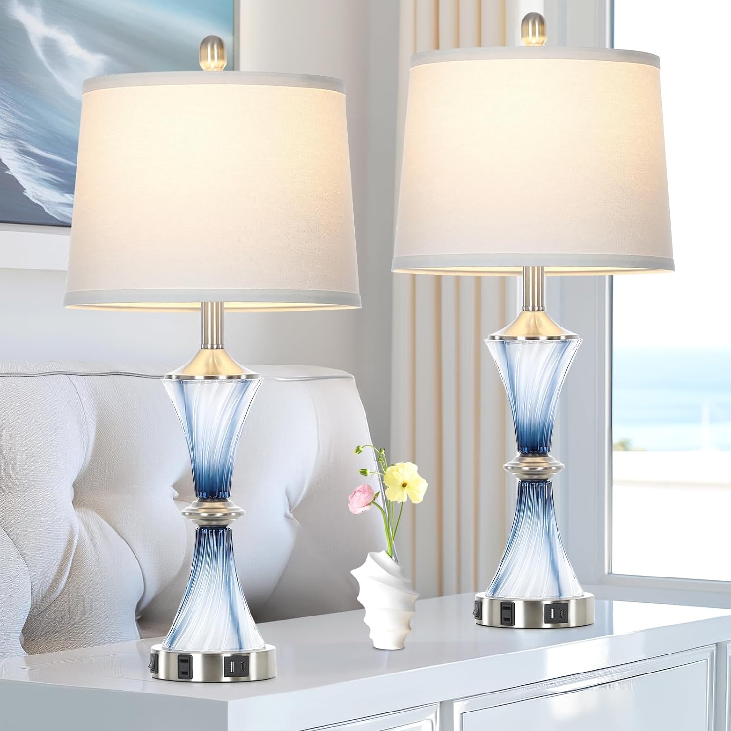 Rinweey Blue Glass Table Lamp Set of 2 with USB C+A Ports & AC Outlet, Bedside Lamp, Modern Bedroom Lamps, Coastal Lamp for Night Stands Bedroom Living Room,Nightstand Lamp LED Bulbs Included