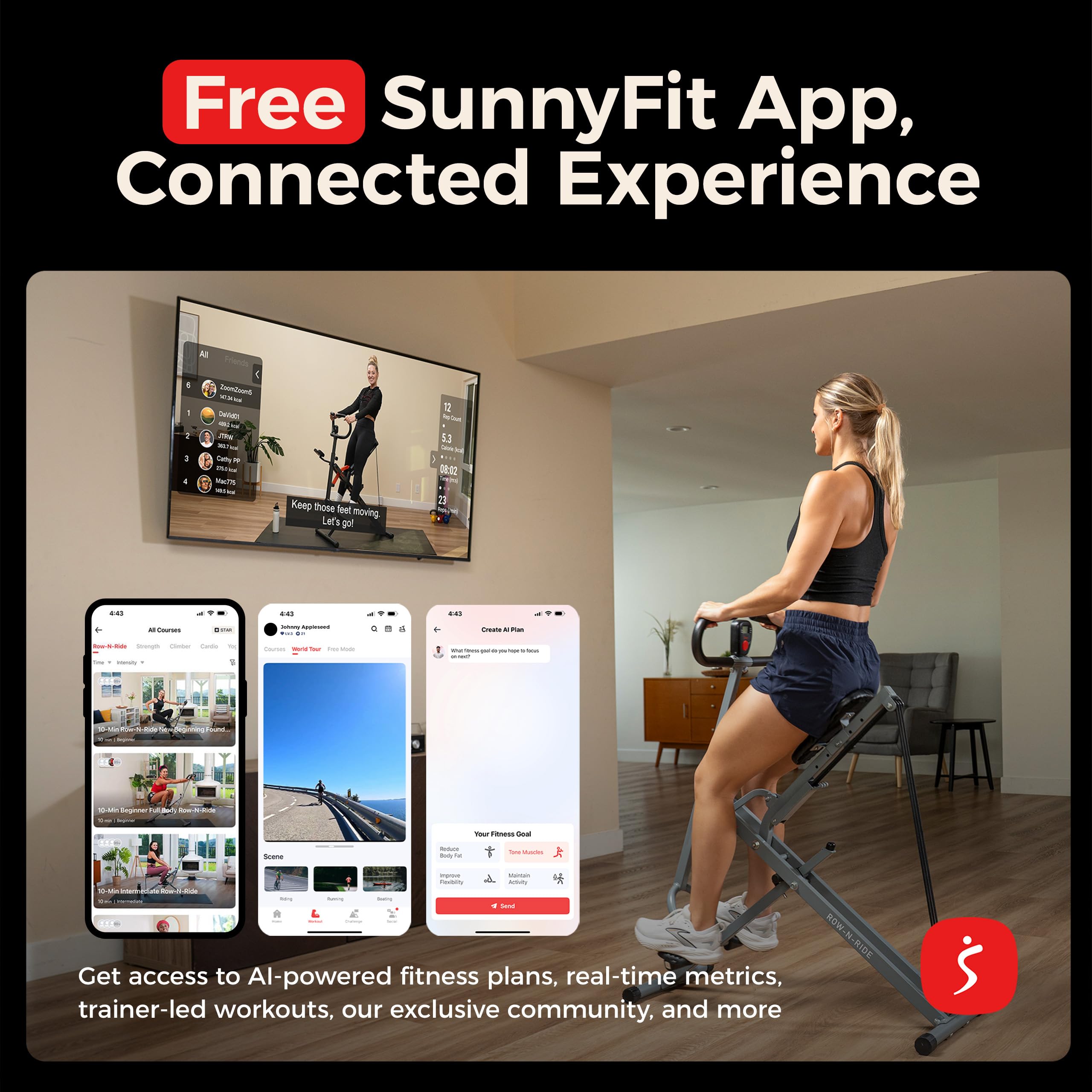 SUNNY HEALTH & FITNESS Smart Row-N-Ride Glute Trainer - Foldable Rower