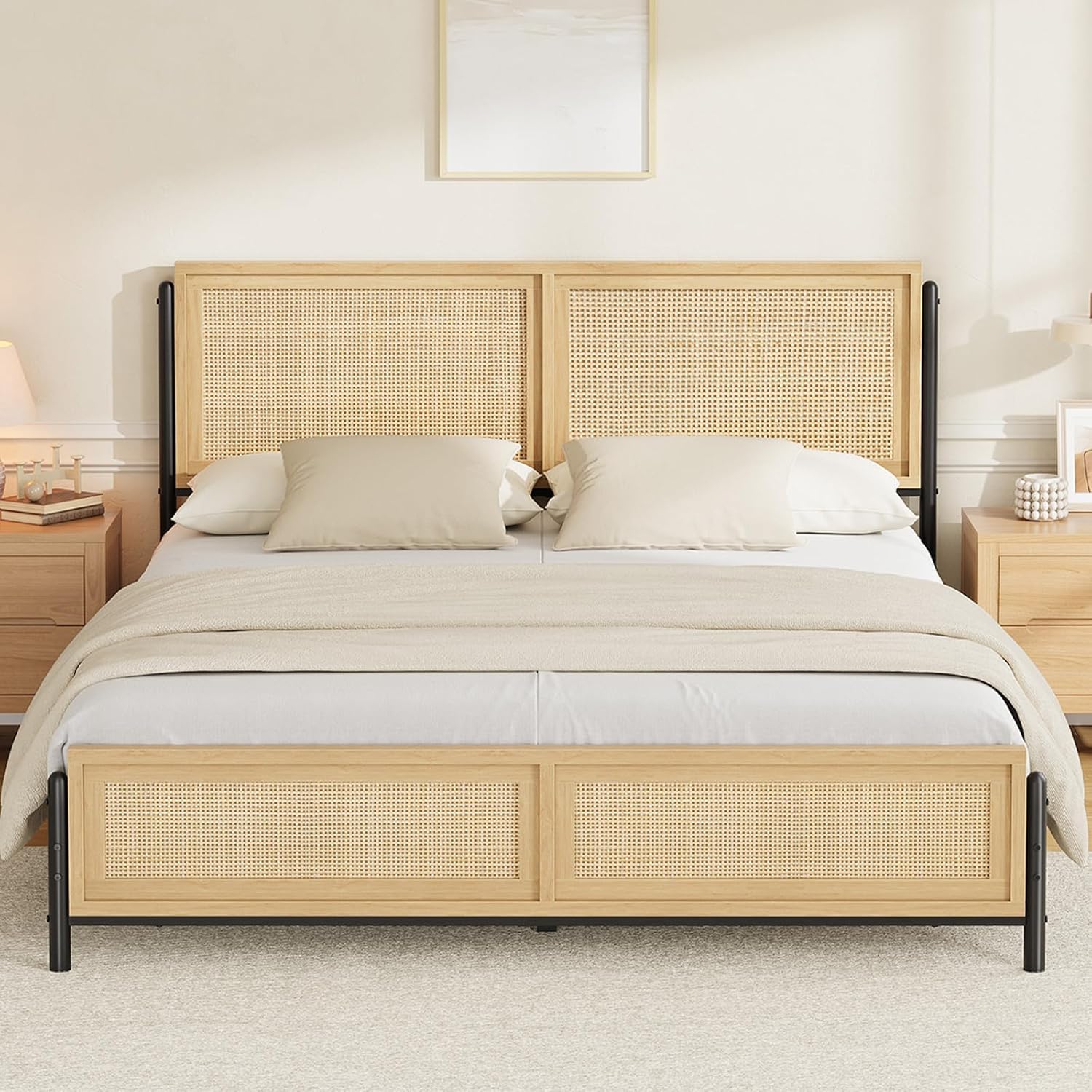 IDEALHOUSE Natural King Size Bed Frame Complete with a Rattan Headboard and Footboard, Boho King Mattress Frame, No Box Spring Needed, Noise-Free, Easy Assemble Wooden Bedframe