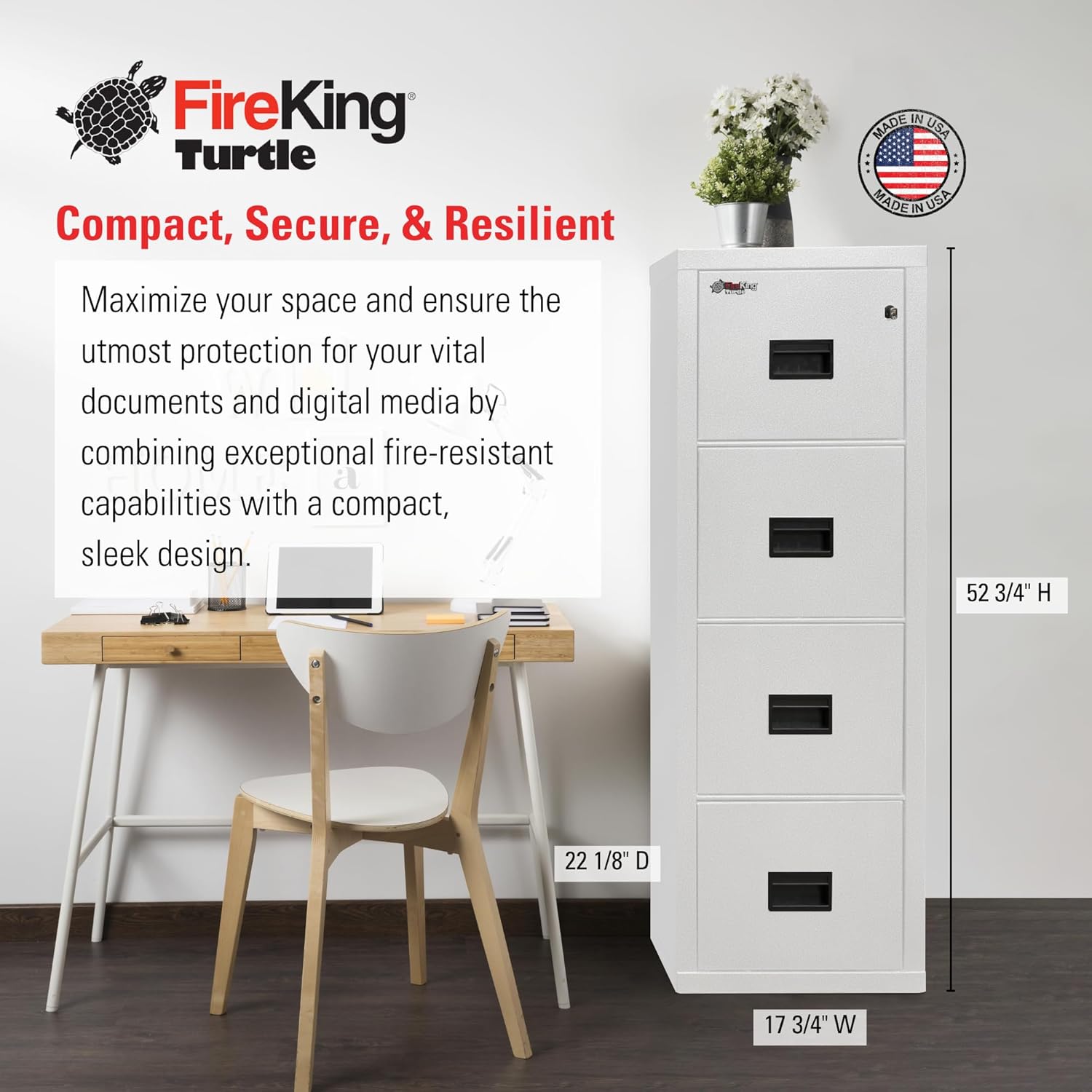 FireKing Turtle Vertical 4 Drawer Legal and Letter Fire Safe File Cabinet with Key Lock, 1 Hour Fire Rated, UL Rated & Water Resistant Home Safe, Filing Cabinet, Made in The USA, Arctic White