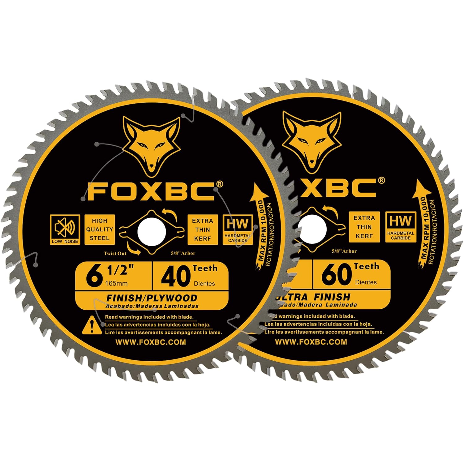 FOXBC 6-1/2 inch Circular Saw Blade 40T 60T Combo Pack, Ultra Fine Finish for Wood Cutting, Thin-Kerf with 5/8