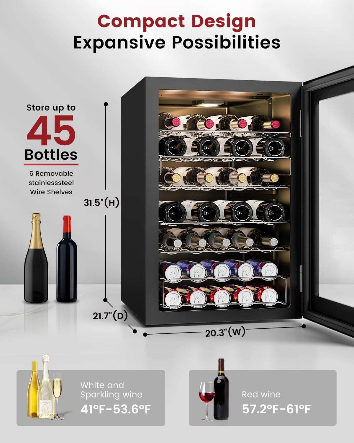 Feelfunn 45 Bottle Wine Cooler Refrigerator - Small Wine Fridge for Red, White, Champagne, Freestanding Wine Cellar with Glass Door & Digital Temperature Control for Home Bar, Office