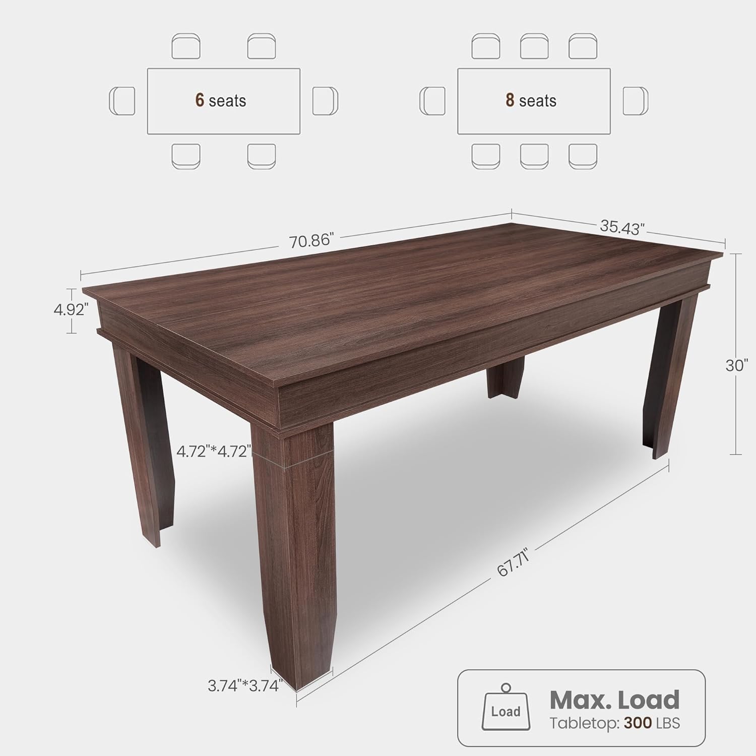 GarveeHome Farmhouse Dining Table for 6-8 People, 71 in Long Kitchen Tables with Wooden Sturdy Frame, 6 ft Large Rectangular Dinner Table for Dining Room, Kitchen (Brown, 71