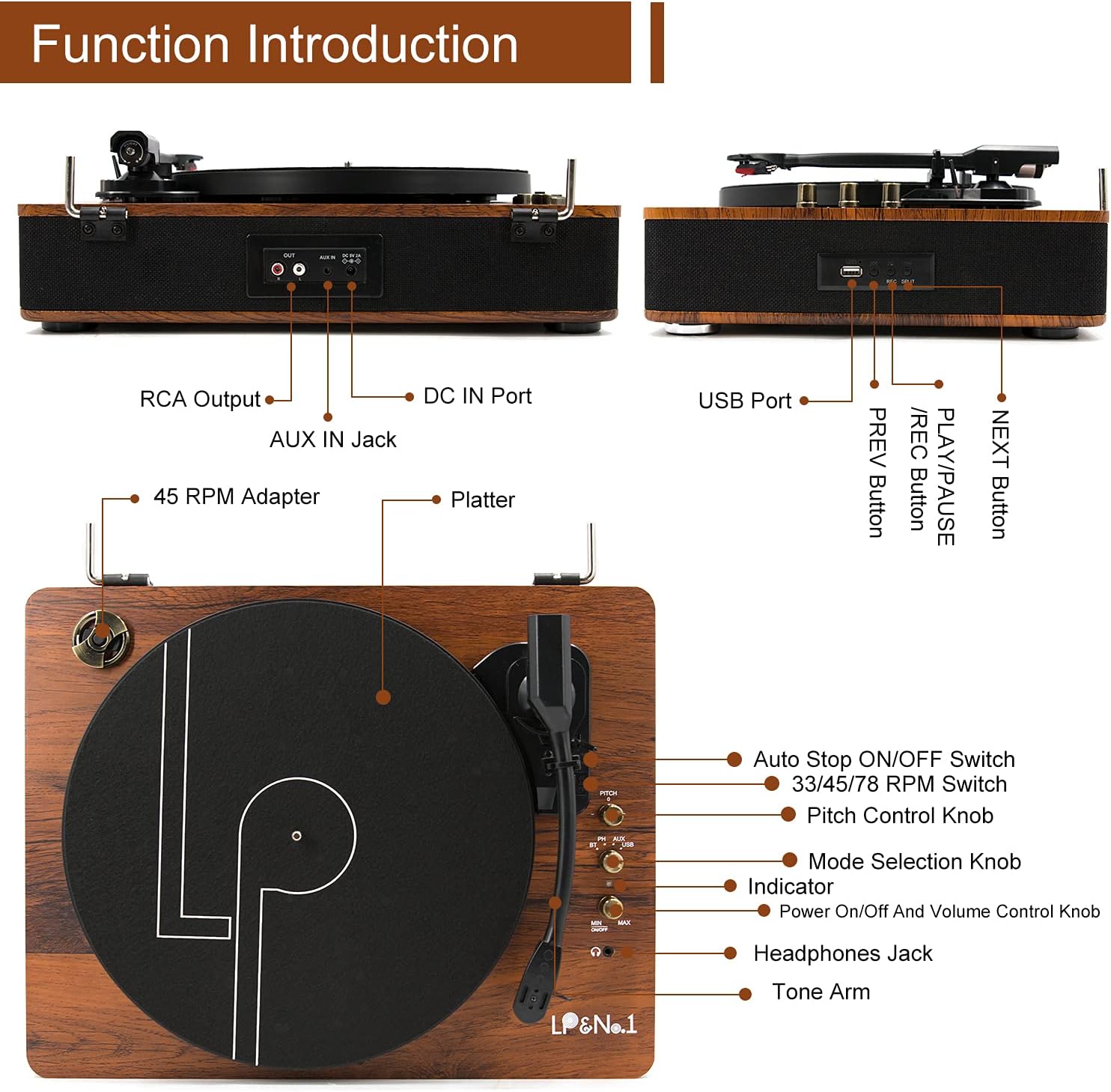 LP&NO.1 Record Player Turntable with Built-in Speakers and USB Play&Recording Belt-Driven Vintage Phonograph Record Player 3 Speed for Entertainment and Home Decoration（Mahogany Wood）