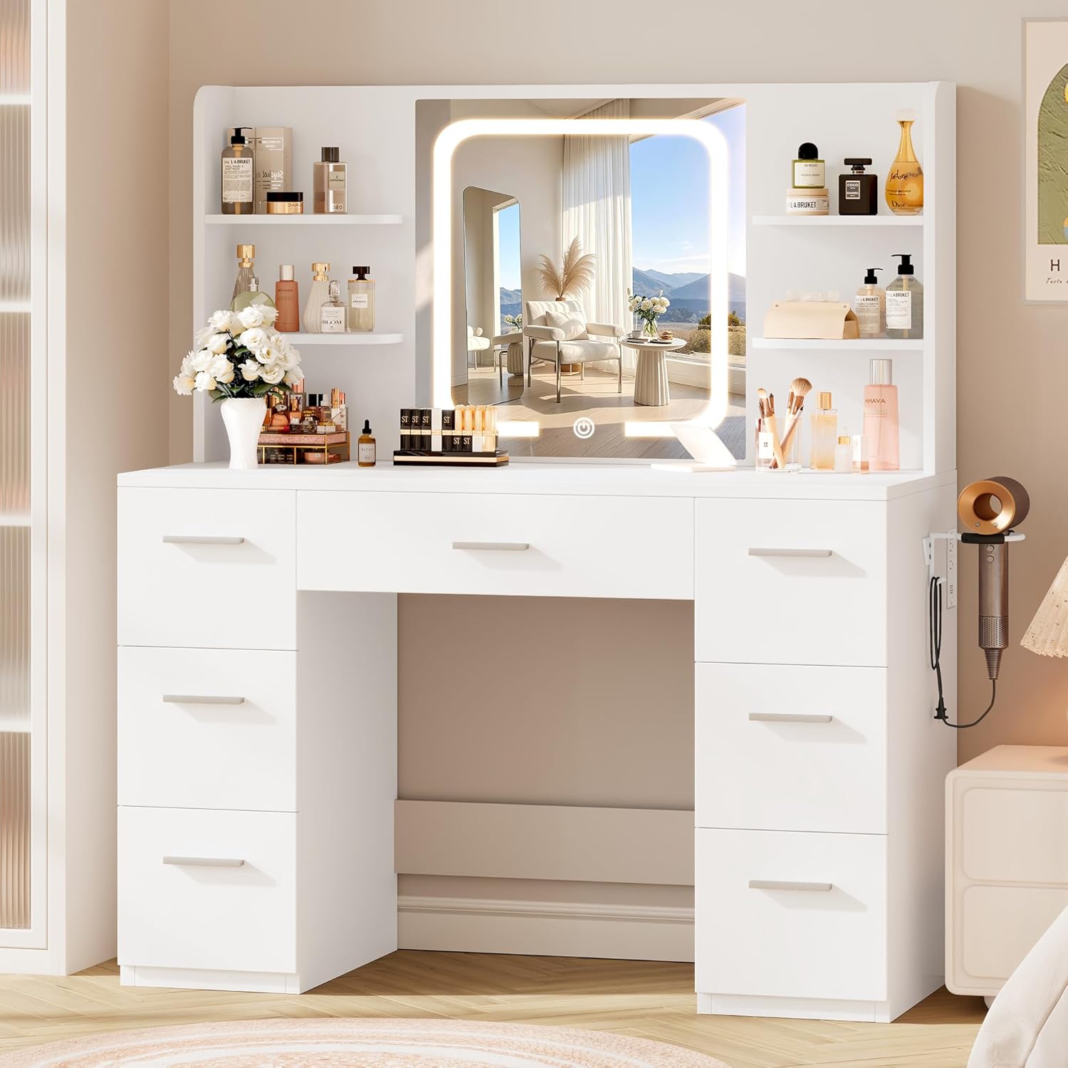 LIVELYGLOW White Large Makeup Vanity Desk with Smart LED Mirror & Power Station, 43