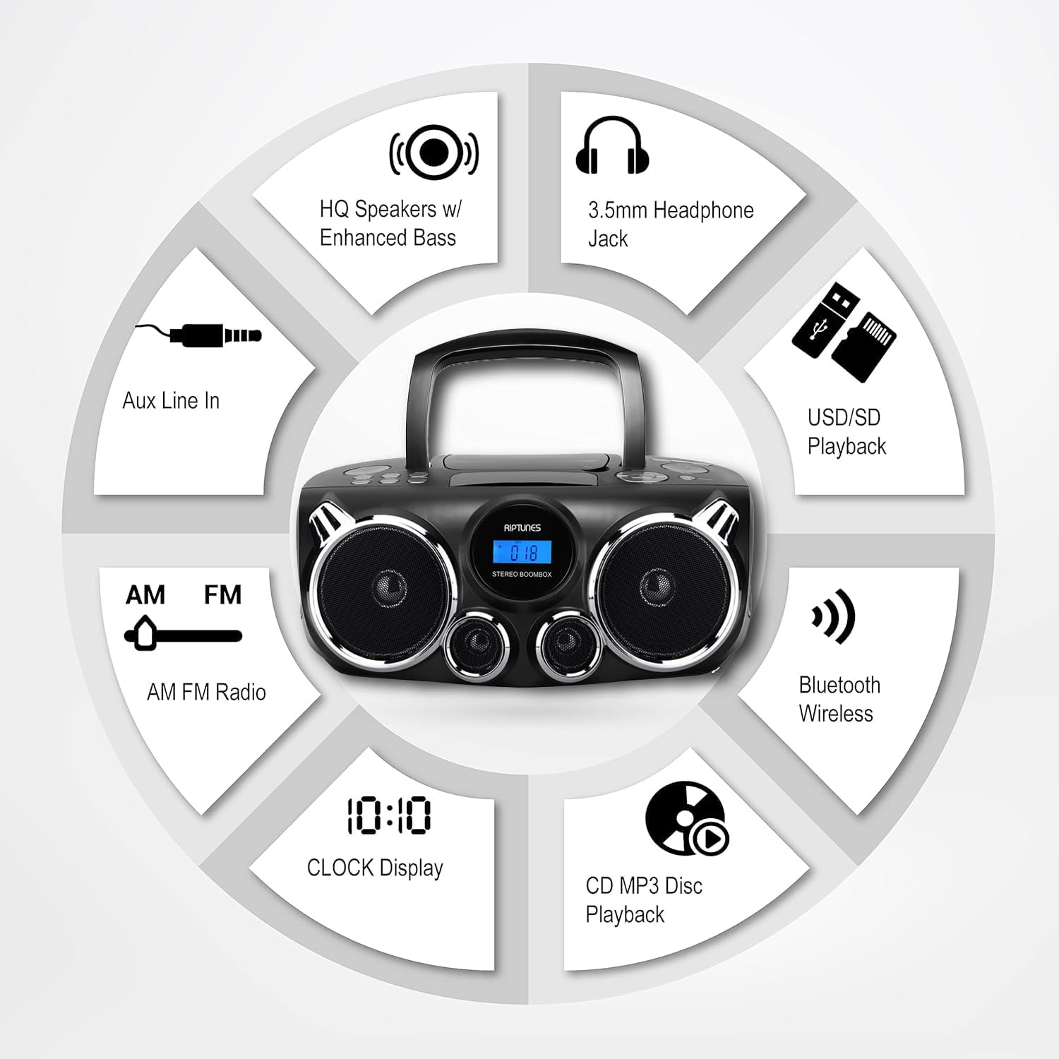 RIPTUNES Portable CD Player Bluetooth Stereo Sound, Digital AM FM Radio, MP3 CD Boombox USB SD Playback with Enhanced Bass, Aux in, Headphone Jack, CD-R/CD-RW Compatible, LCD Backlit Display, Black