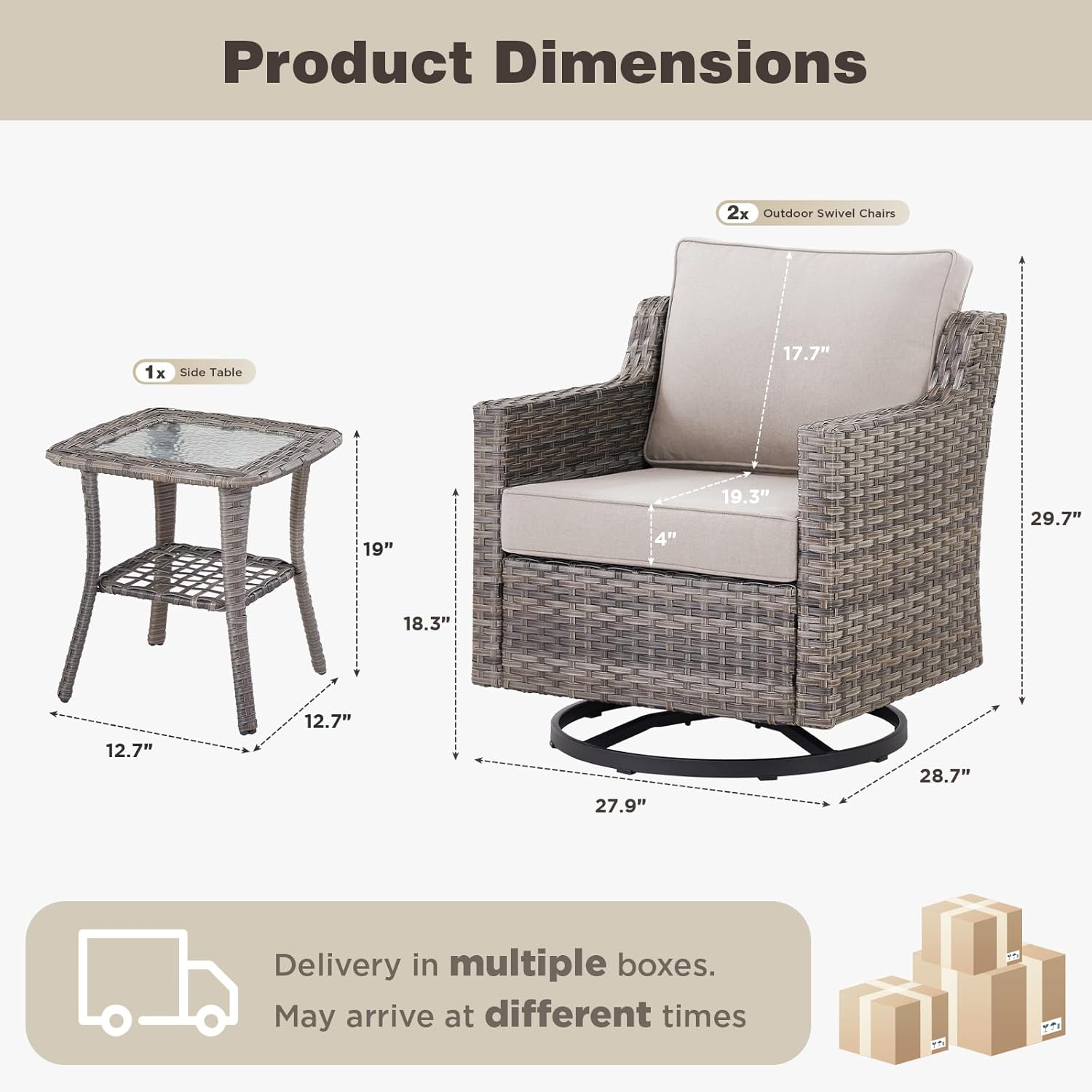 Belord Patio Wicker Swivel Rocker Patio Chairs with Side Table, Outdoor Rattan Chairs for Deck Porch Garden, 3 Piece Luxury Patio Furniture Set, Beige