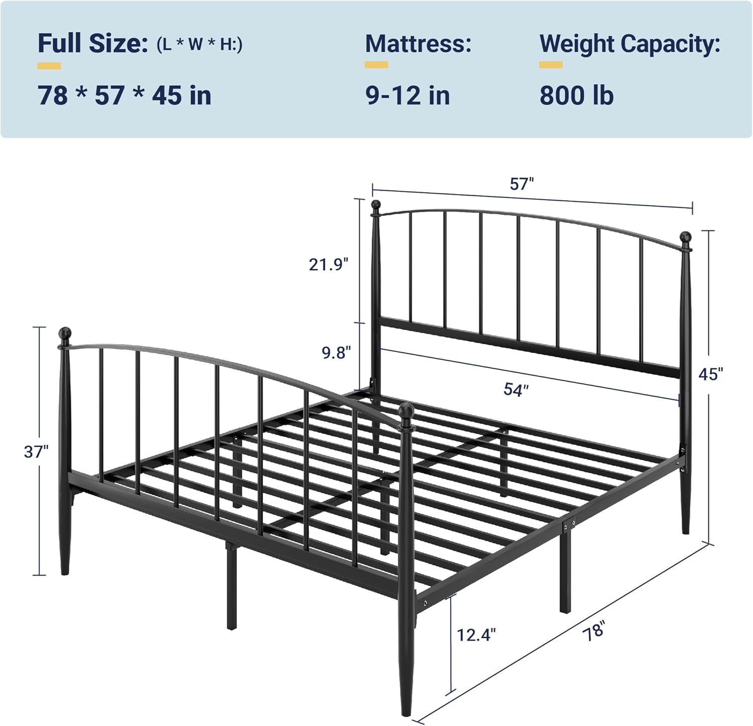 Allewie Full Size Bed Frame, Metal Platform Bed Frame with Arched Headboard & Footboard, Mid-Century Modern Style, Under Bed Storage, No Box Spring Needed, Easy Assembly, Black