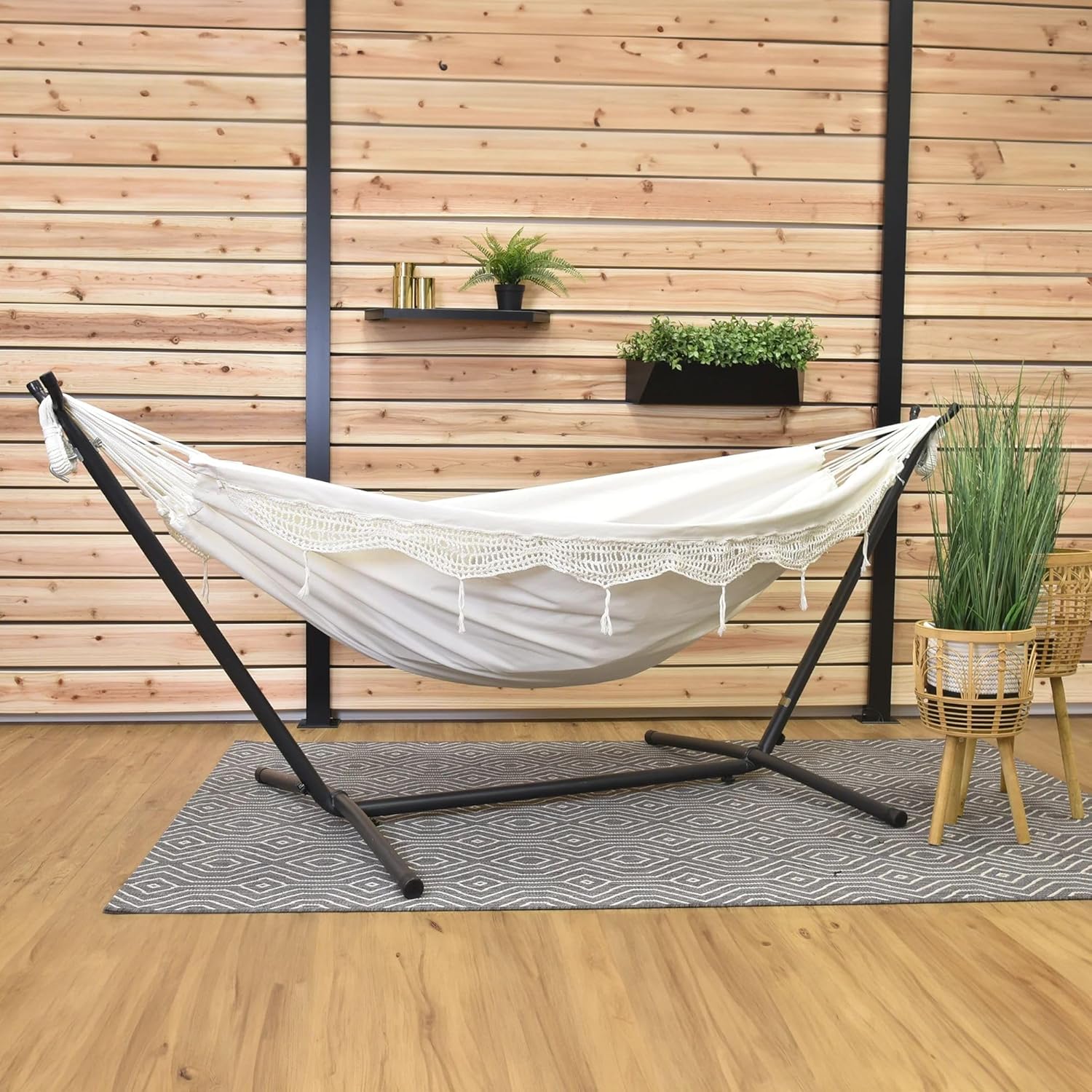 Vivere Double Cotton Hammock with Space Saving Steel Stand, Upgraded Polyester End Strings 450 lb Capacity - Premium Carry Bag Included - USA Grown Cotton (Natural)
