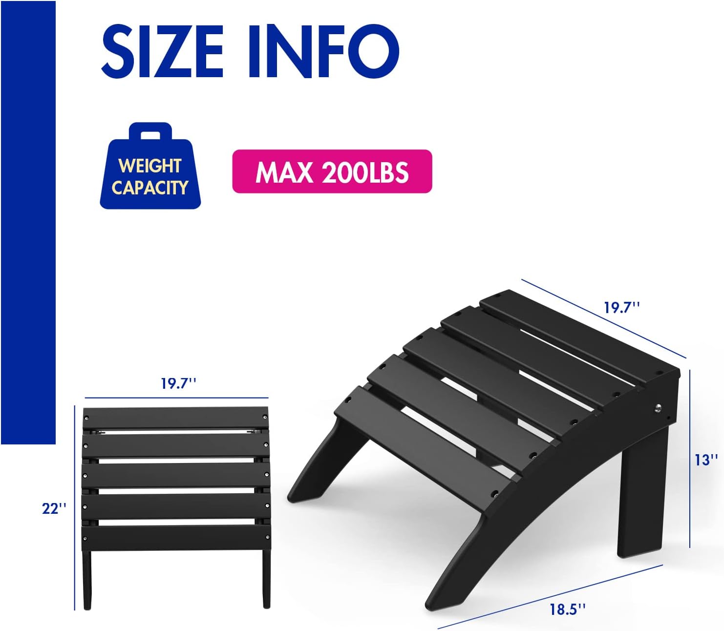 BRIOPAWS Adirondack Ottomans | Folding | Set of 2 | HDPE Plastic | Black Outdoor Foot Rest | All Weather | Patio Footrest for Adirondack Chair | Foot Stool for Deck Porch | 19.7W x 18.5L x 13H Inch