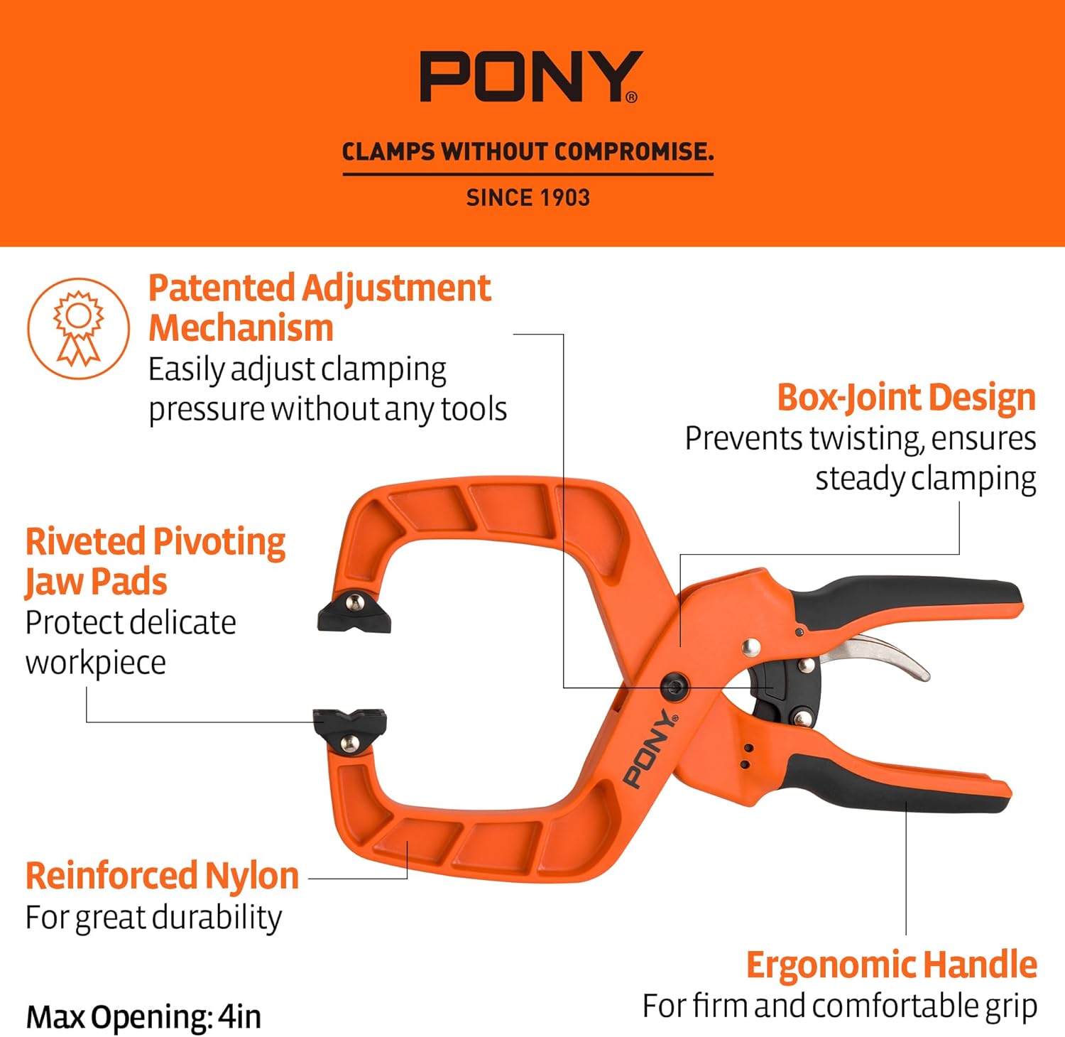 PONY 2-Pack 4-Inch Quick-Release Ratcheting Wood Clamps for Woodworking, Professional Hand Clamps with Box-Joint Design, Ergonomic Handles, 40 LBS Clamping Force