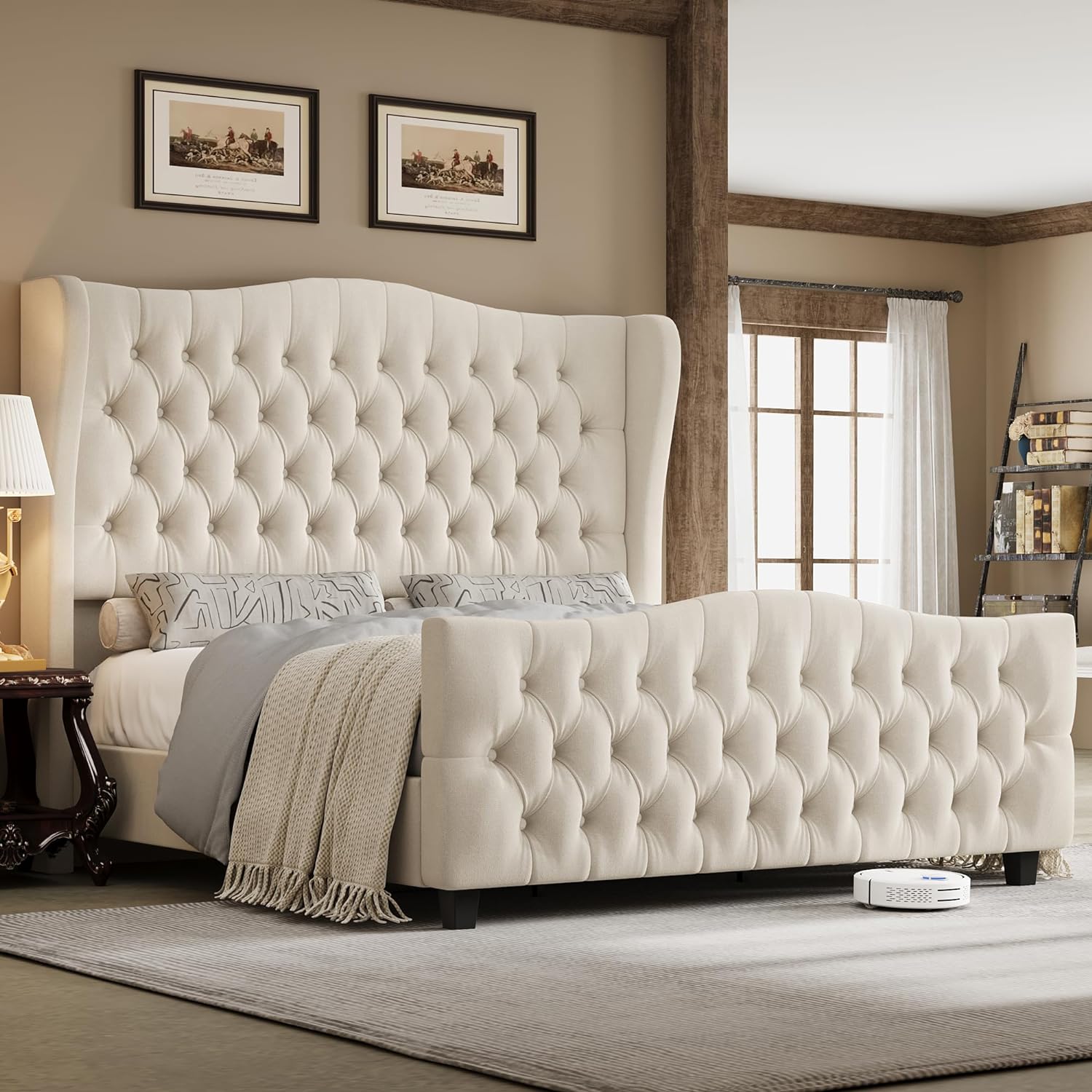 Keyluv Full Size 54.3” Tall Platform Bed Frame with Deep Button Tufted Wingback Headboard and Footboard, Velvet Upholstered Bed Frame with Handmade Pleats, No Box Spring Needed, Beige/Cream