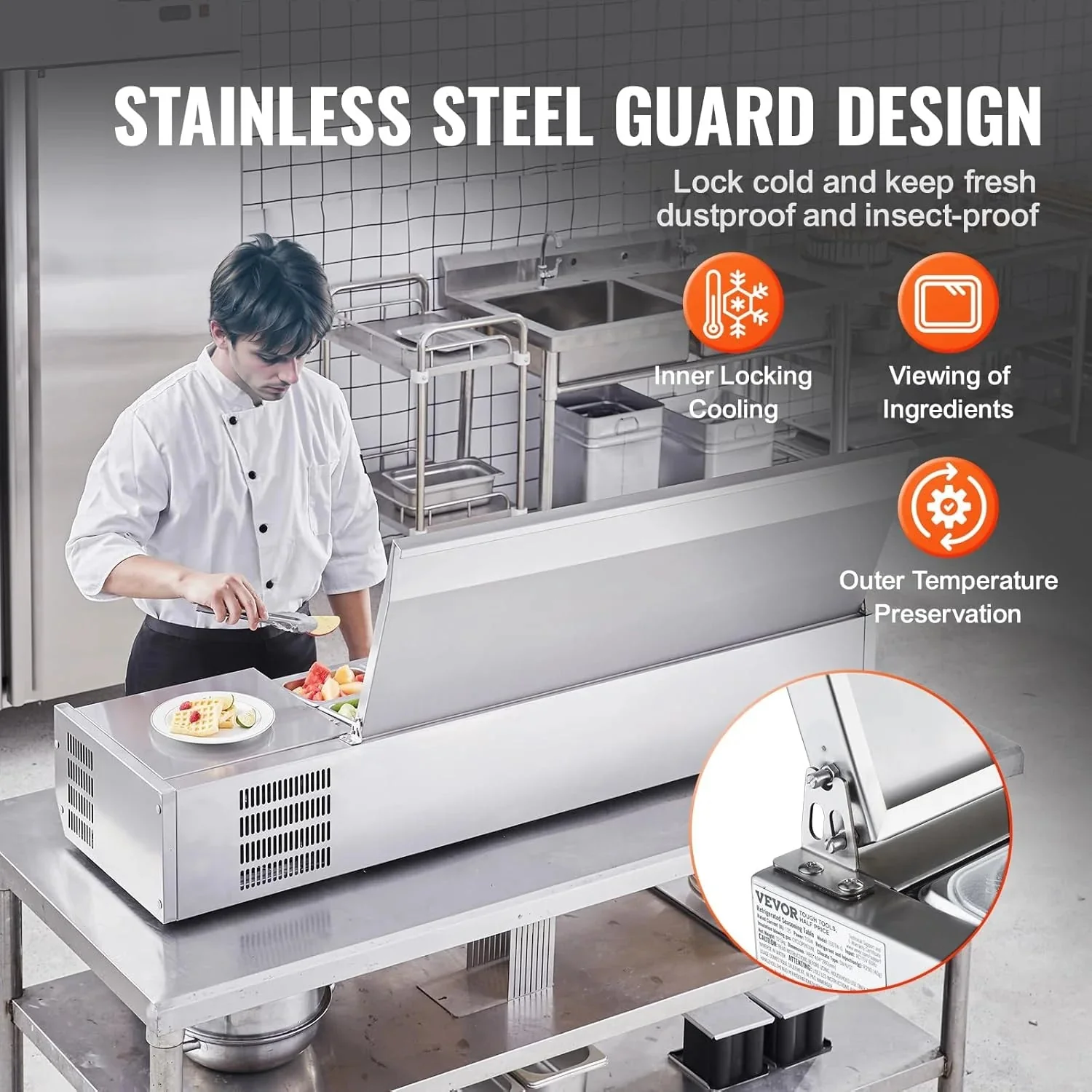 Refrigerated Condiment Prep Station, 135 W Countertop Refrigerated Condiment Station, with 2 1/3 Pans & 4 1/6 Pans, 304 Stainless Body and PC Lid, Sandwich Prep Table with Stainless Guard, ETL