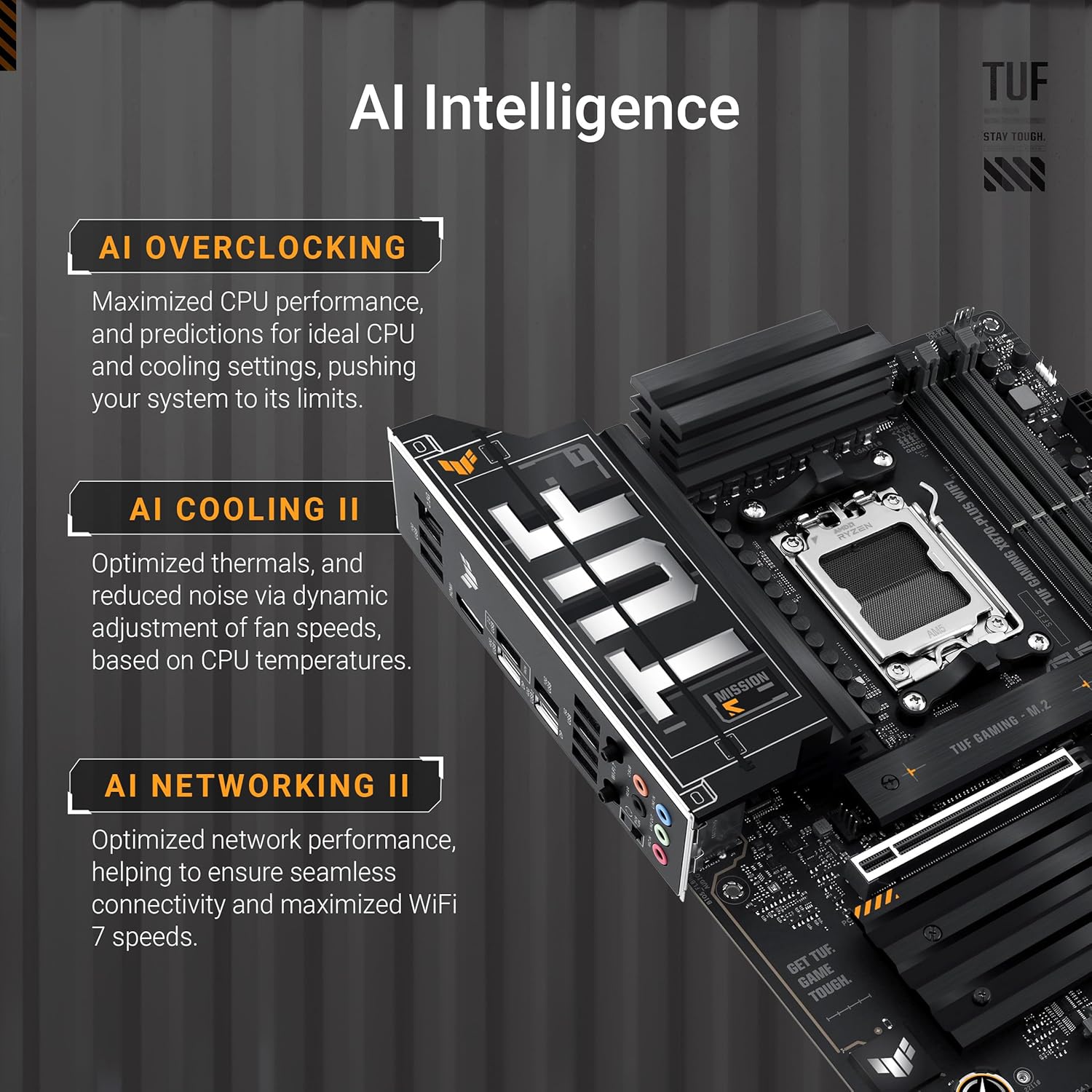 ASUS TUF Gaming X870-PLUS WiFi AMD AM5 X870 ATX Motherboard, 16+2+1, 80A SPS Power Stages, DDR5, PCIe 5.0 Ready, Four M.2 Slots, Wi-Fi 7, 2.5Gb LAN, HDMI, USB4® 40Gbps, SATA 6 Gbps, USB 20Gbps Type-C