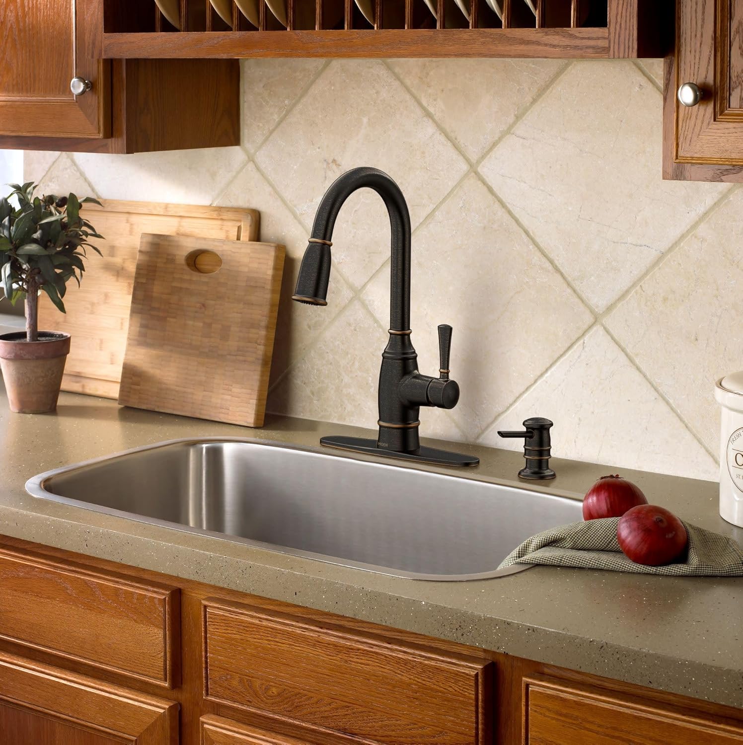 Moen Noell Mediterranean Bronze Pull‑Down Kitchen Faucet with Soap Dispenser, Featuring PowerClean and a Reflex Docking System, 87791BRB