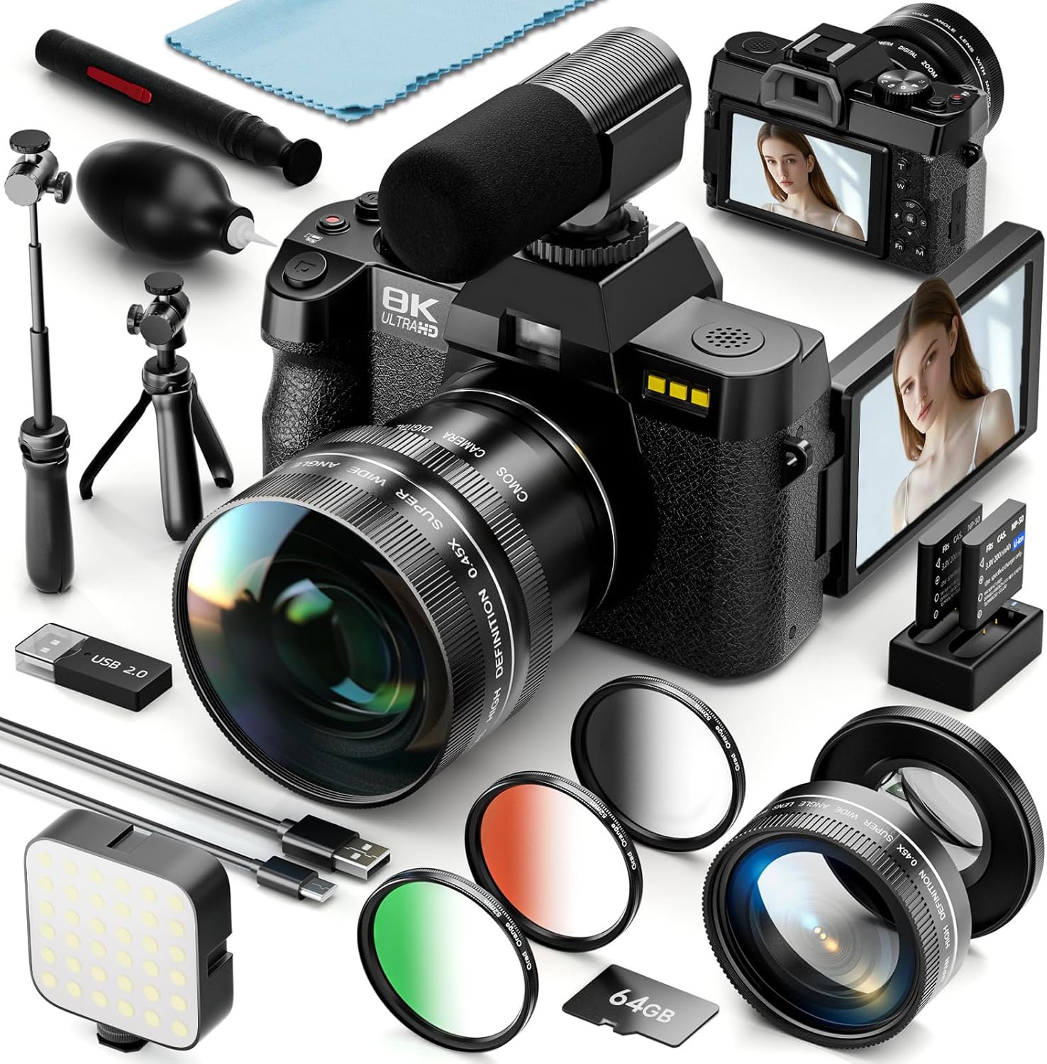 8K Digital Cameras for Photography, 64MP Vlogging Camera with 180°Flip Screen .2 Batteries, 64GB TF Card .16X Zoom, WiFi, 3 Color Filters,Microphone, Tripod, Wide & Macro Lens Kit