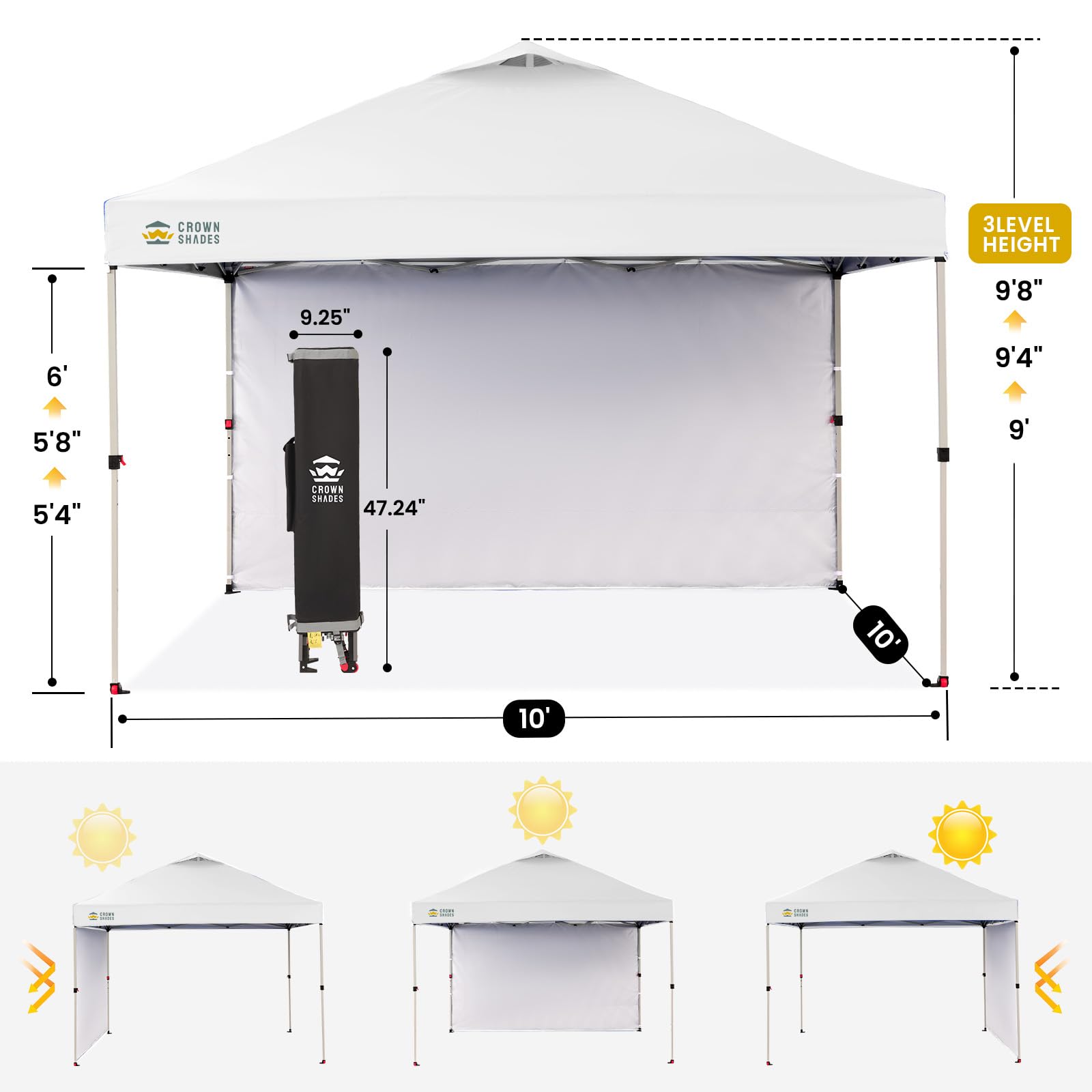CROWN SHADES 10x10 Pop Up Canopy Tent with Side Wall - White