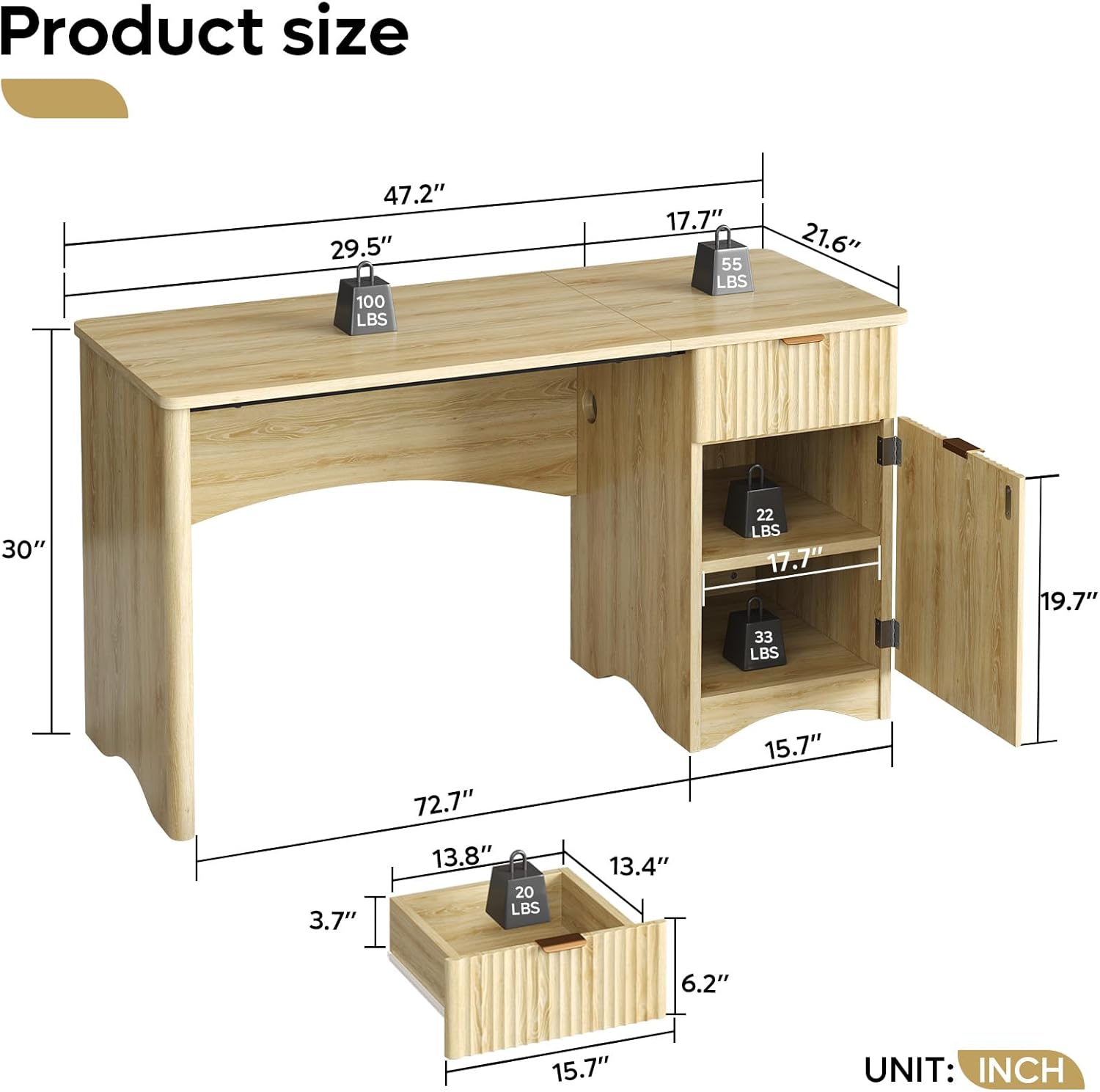 Bestier 47 inch Fluted Computer Desk with Drawer, Office Desk with File Cabinet, Modern Wood Desk with Storage Cabinet for Home Office Bedroom Study, Natual Oak