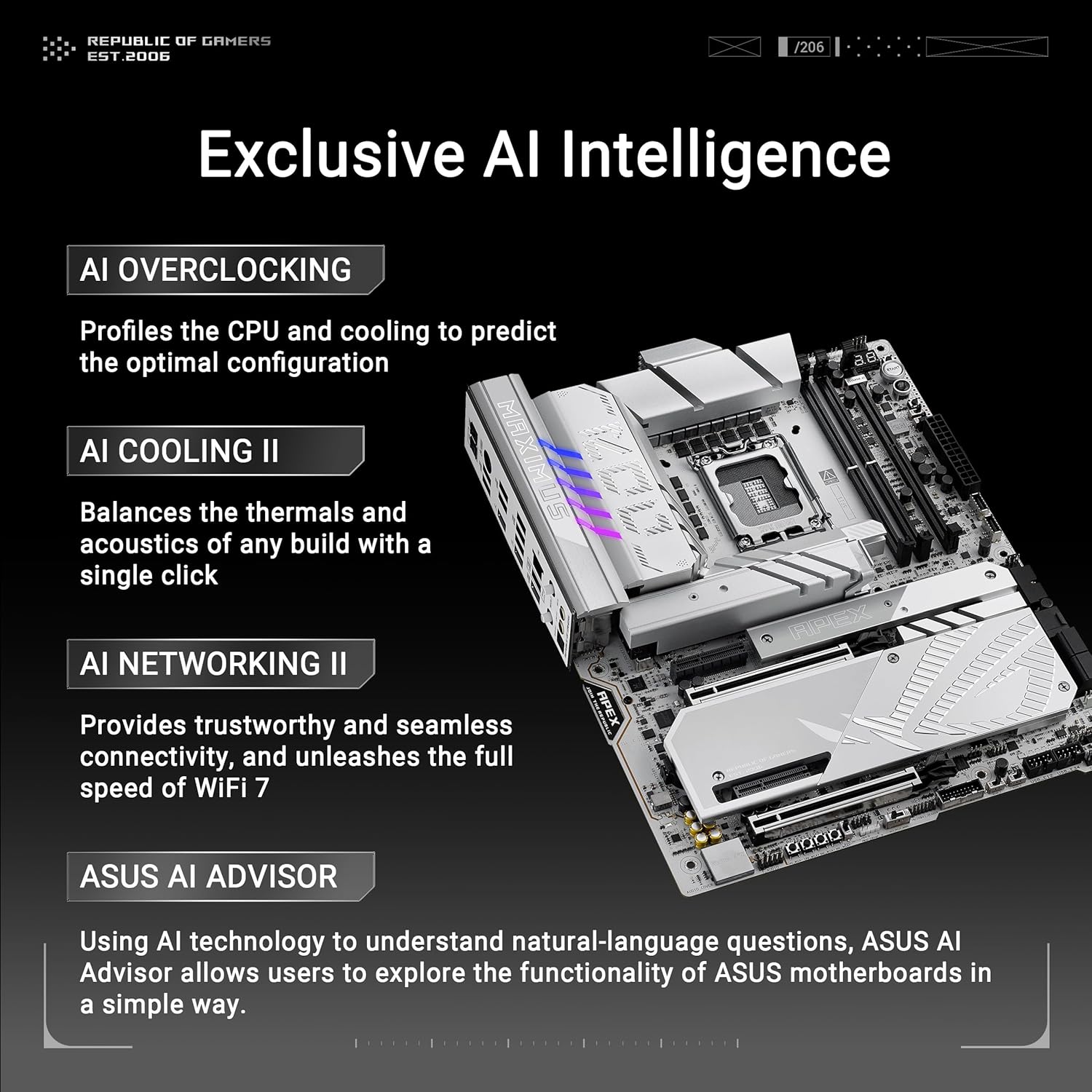 ASUS Intel ROG Maximus Z890 Apex ATX Motherboard, 22+1+2+2 Power Stages,DDR5 Slots, PCIe 5.0 with Full Support for Next-gen GPUs, six M.2 Slots, WiFi 7, AI Overclocking, PCIe Slot Q-Release Slim