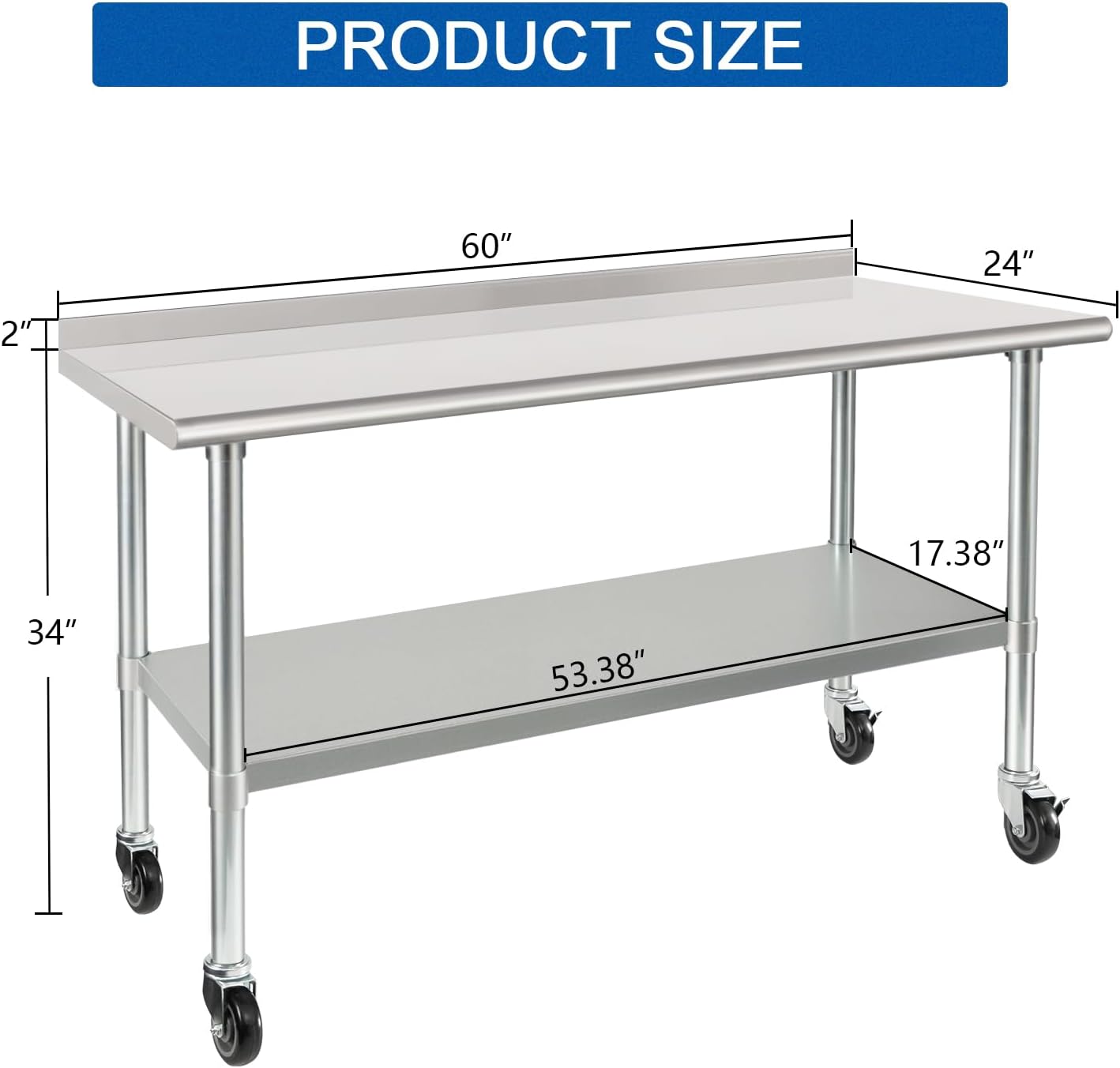 HARDURA Stainless Steel Table 24 x 60 Inches with Wheels Casters NSF Heavy Duty Commercial Prep Table with 2” Backsplash and Adjustable Undershelf for Restaurant Kitchen Home and Hotel