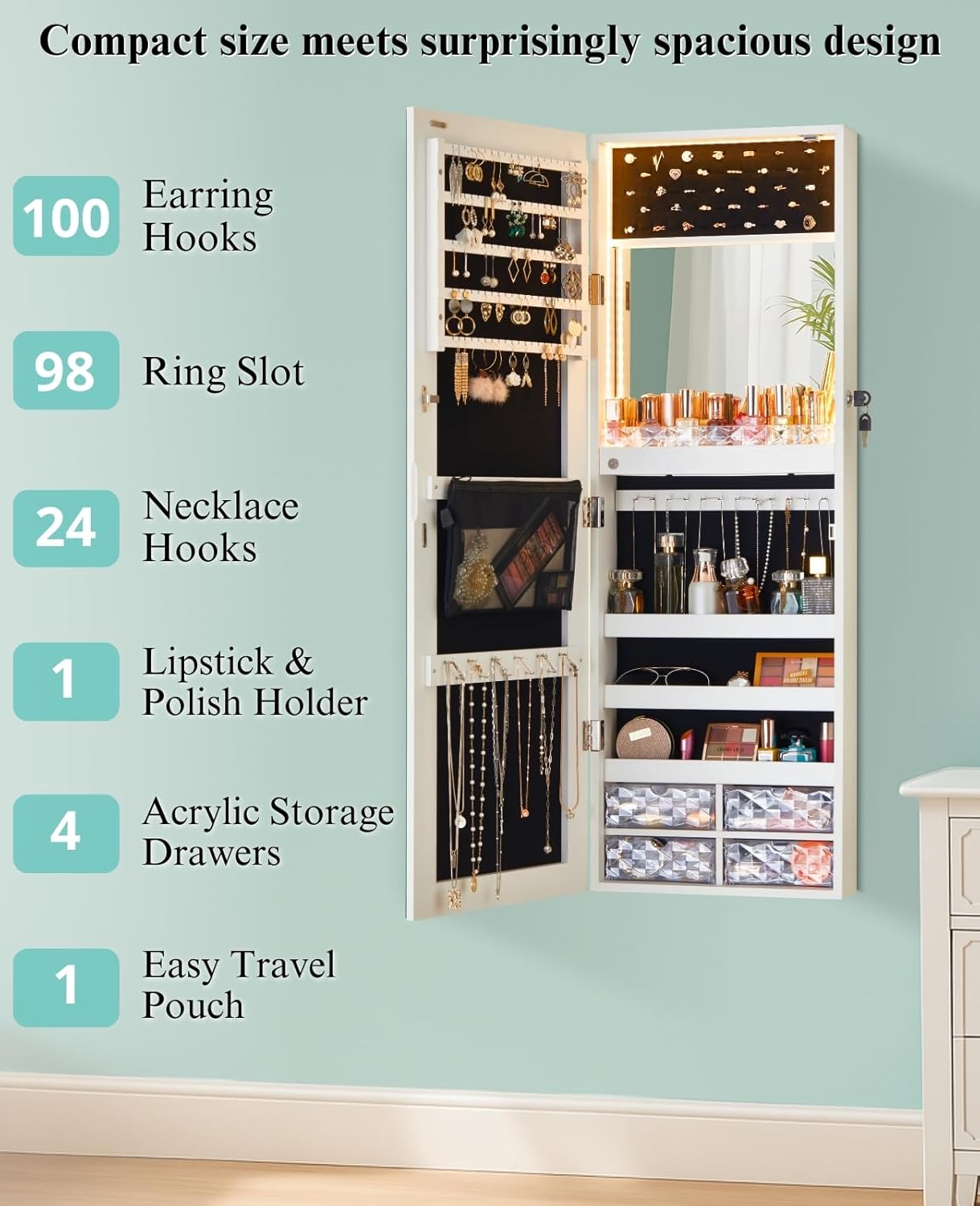 LUXFURNI LED Lights Mirror Jewelry Cabinet Wall Mounted or Door-Hanging, 42