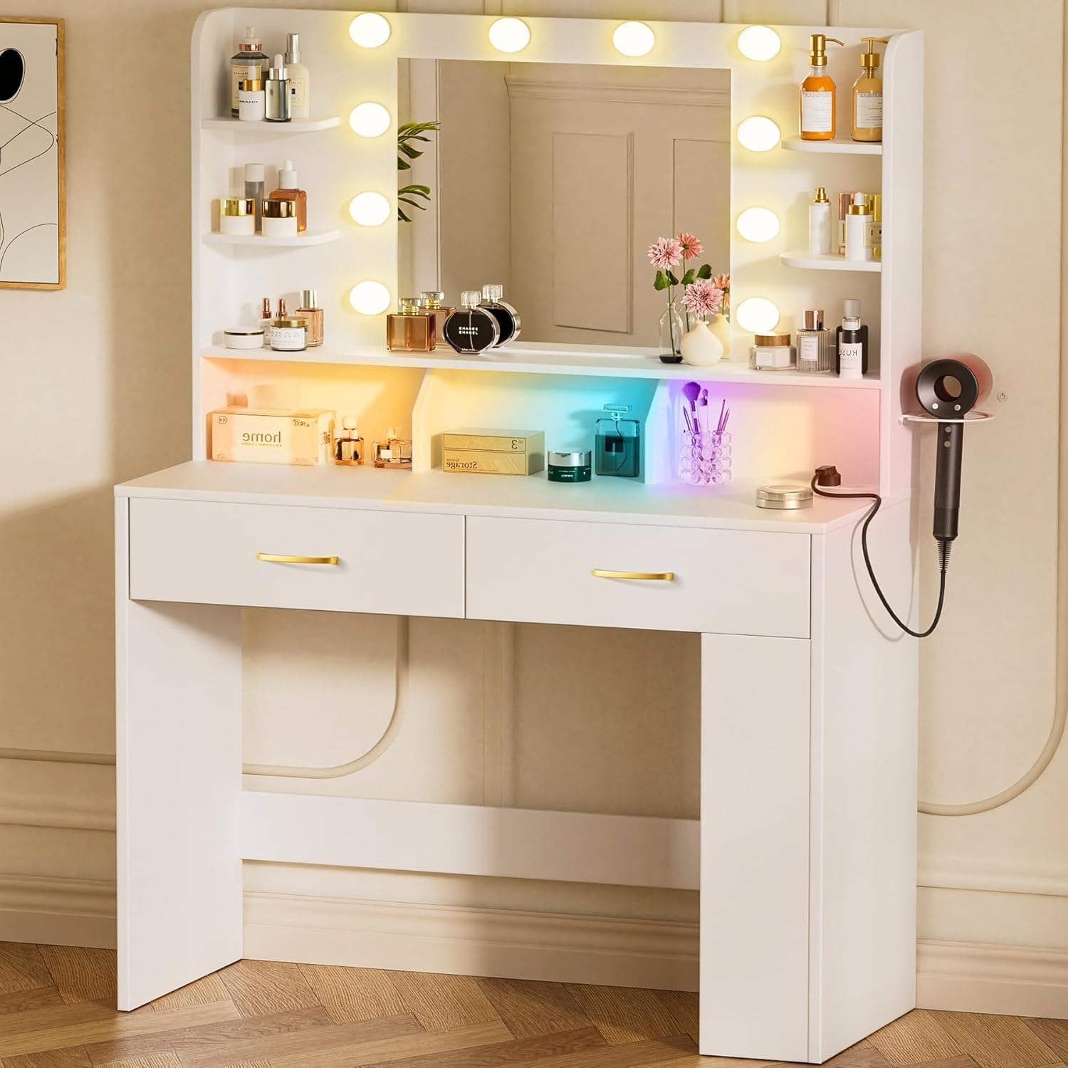 LUCKRACER Vanity Desk with LED Lights Mirror & Charging Station, Makeup Vanity with Storage Drawers and Shelves, Modern Dressing Table for Women Girls Bedroom, Ivory White