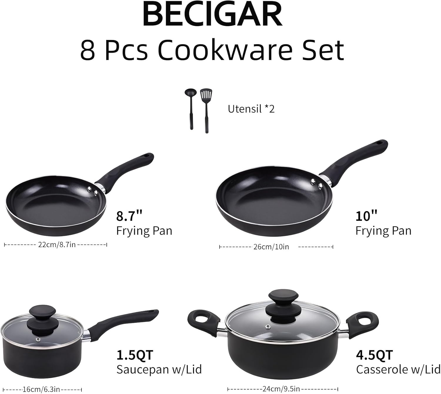BECIGAR 8pcs Black Ceramic Pots and Pans Set, Cooking Pan Set,Cooking Pot Set Ceramic Pan Set, Nonstick Cookware Set, Induction Safe Kitchen Cooking Set with Frying Pans, Saucepans, shovel and Ladle