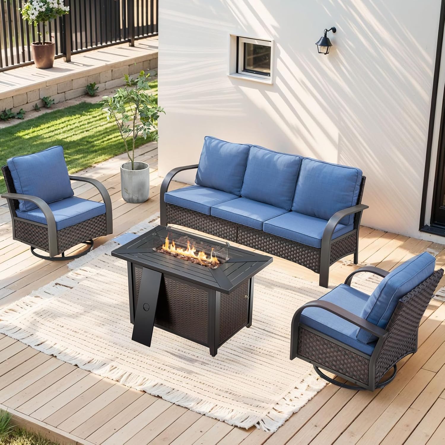 HUMMUH Patio Furniture Set with Fire Pit-Outdoor Swivel Glider Rocking Chair with Patio Sofa Outdoor Conversation Furniture for Deck Porch Garden Poolside Backyard-Brown/Blue