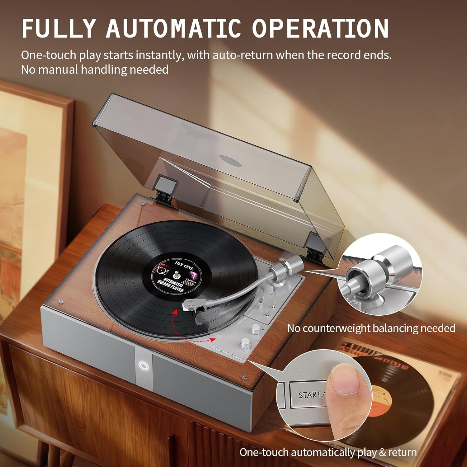 1 BY ONE Fully Automatic Record Player, All-in-One Vinyl Turntable with Automatic Repeat Function, Remote Control, Built in Speakers& DSP, Phono Preamp, AT-3600L Cartridge, Belt Drive 2-Speeds