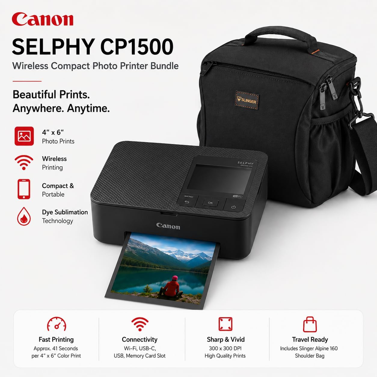 Canon SELPHY CP1500 Wireless Compact Photo Printer White Bundle with KP-108IN Color Ink & Paper Set, Slinger Alpine 160 Shoulder Bag, Power Adapter, Paper Cassette and AC Cable (Black)