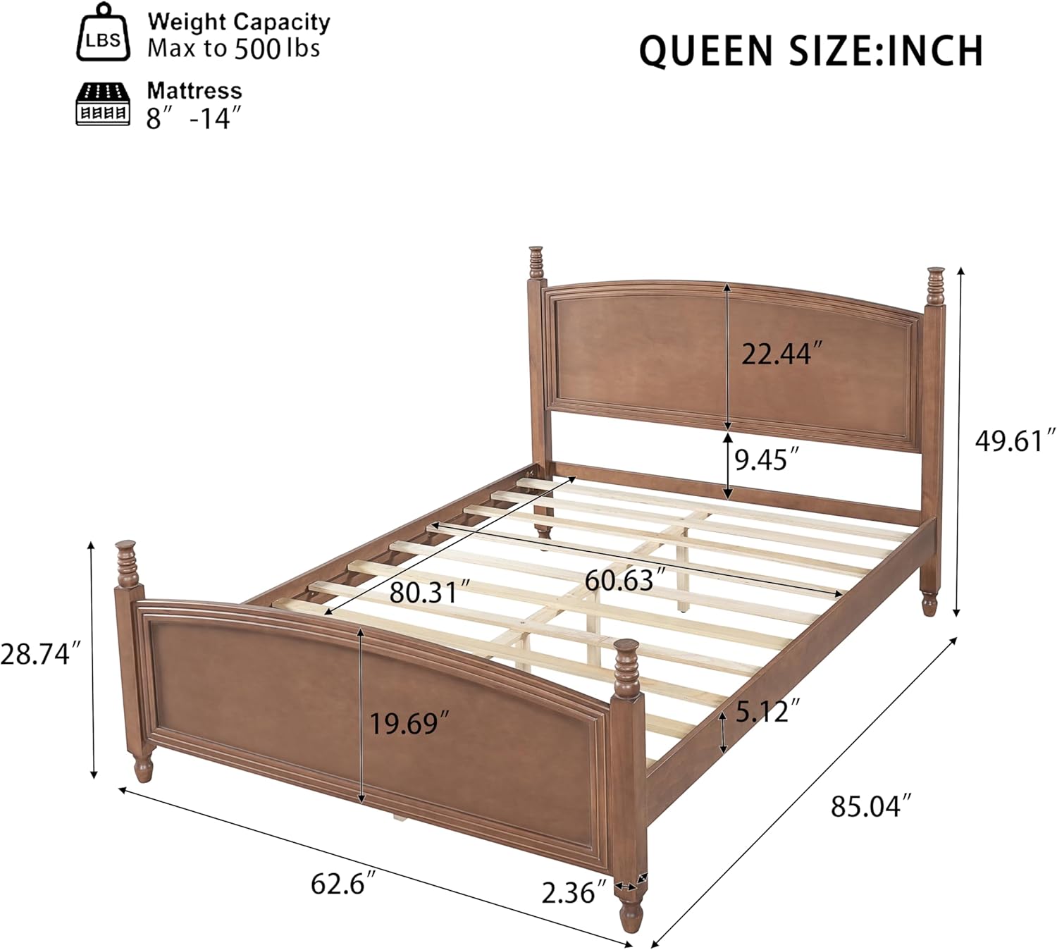 Christopher Knight Home Queen Bed Frame, Solid Wood Platform Bed Frame Queen Size with Curved Headboard & Footboard, Mid Century Modern Wood Bedframe with Slat Support, No Box Spring Needed, Walnut