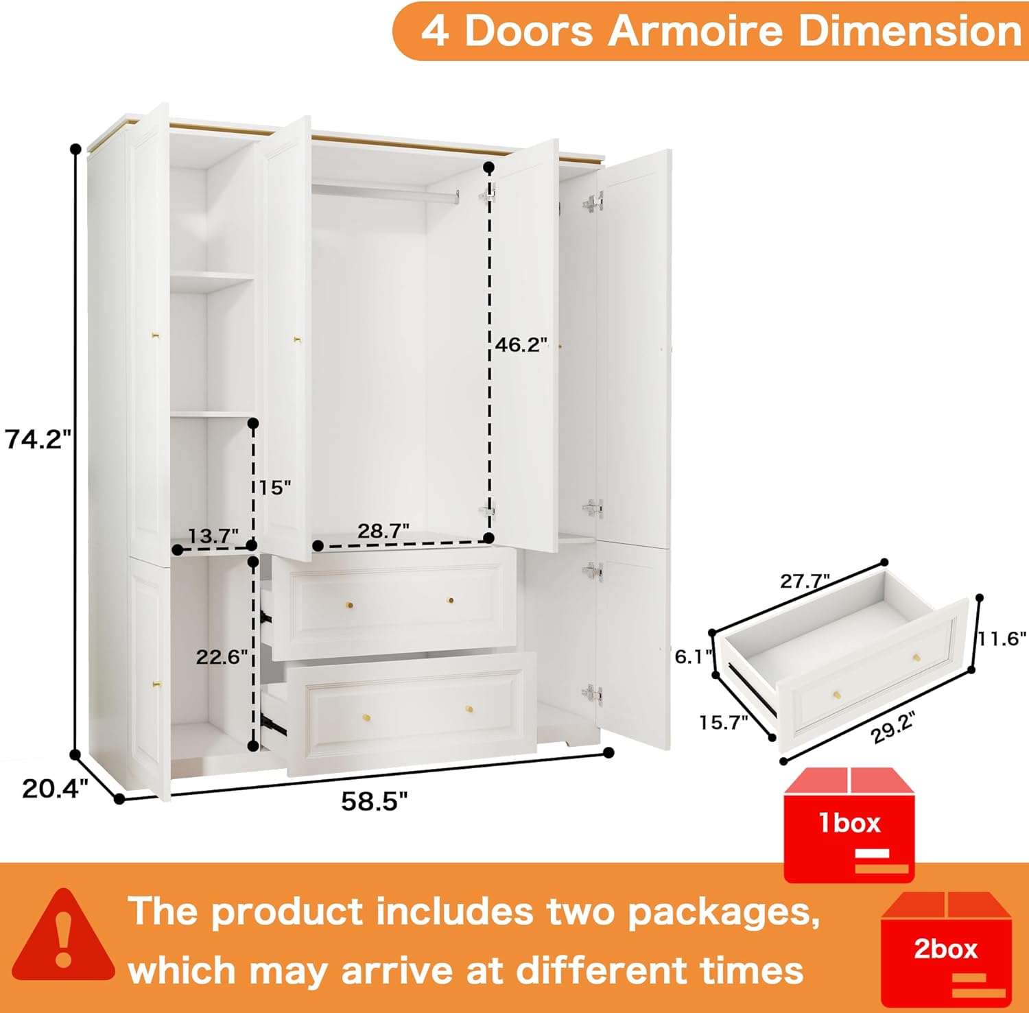 Armoire Wardrobe Closet with Drawers: Large White Wardrobe Closet with 4 Doors and 2 Drawers, Wooden Bedroom Armoires Storage Cabinet with Hanging Rod and Shelves (59