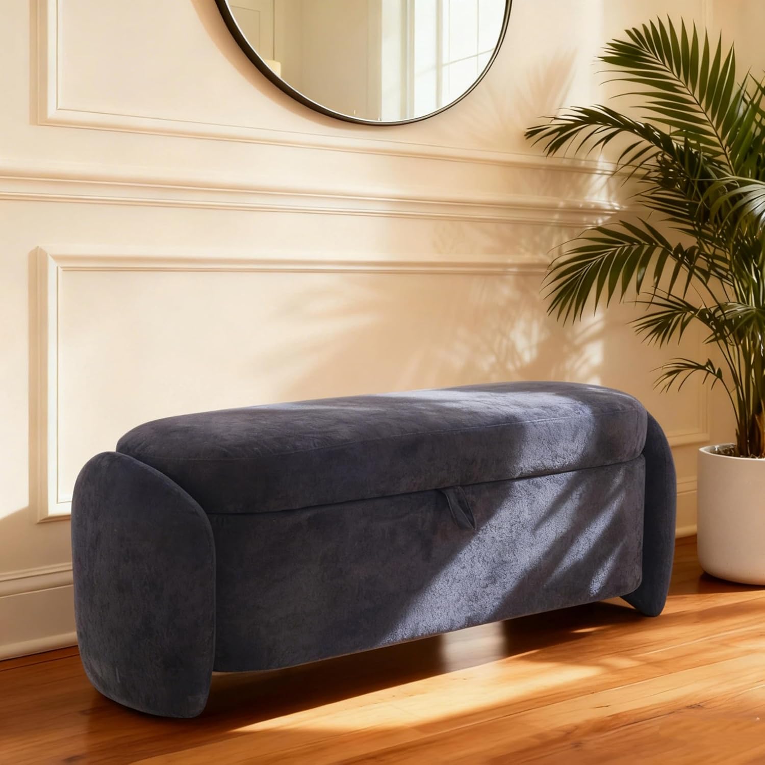 MCombo Linen Upholstered Ottoman with Hidden Storage, Padded Footstool Bench with Soft-Close Lid for Bedroom, Entryway & Living Room Décor, Model W713 (Dark Blue)