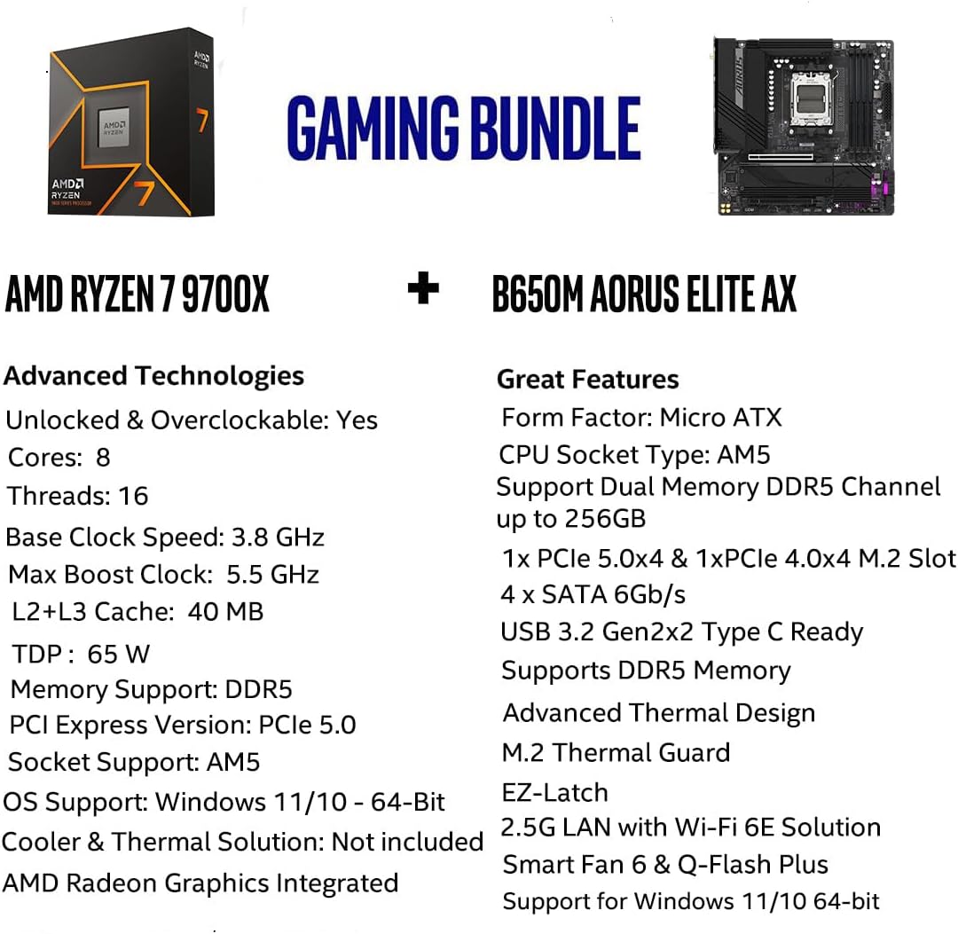 AMD Ryzen 7 9700X CPU Processor Bundle with GIGABYTE B650M AORUS Elite AX Gaming Motherboard (AM5, Micro-ATX, DDR5, PCIe 5.0 M.2, USB 3.2 Gen2X2 Type-C)