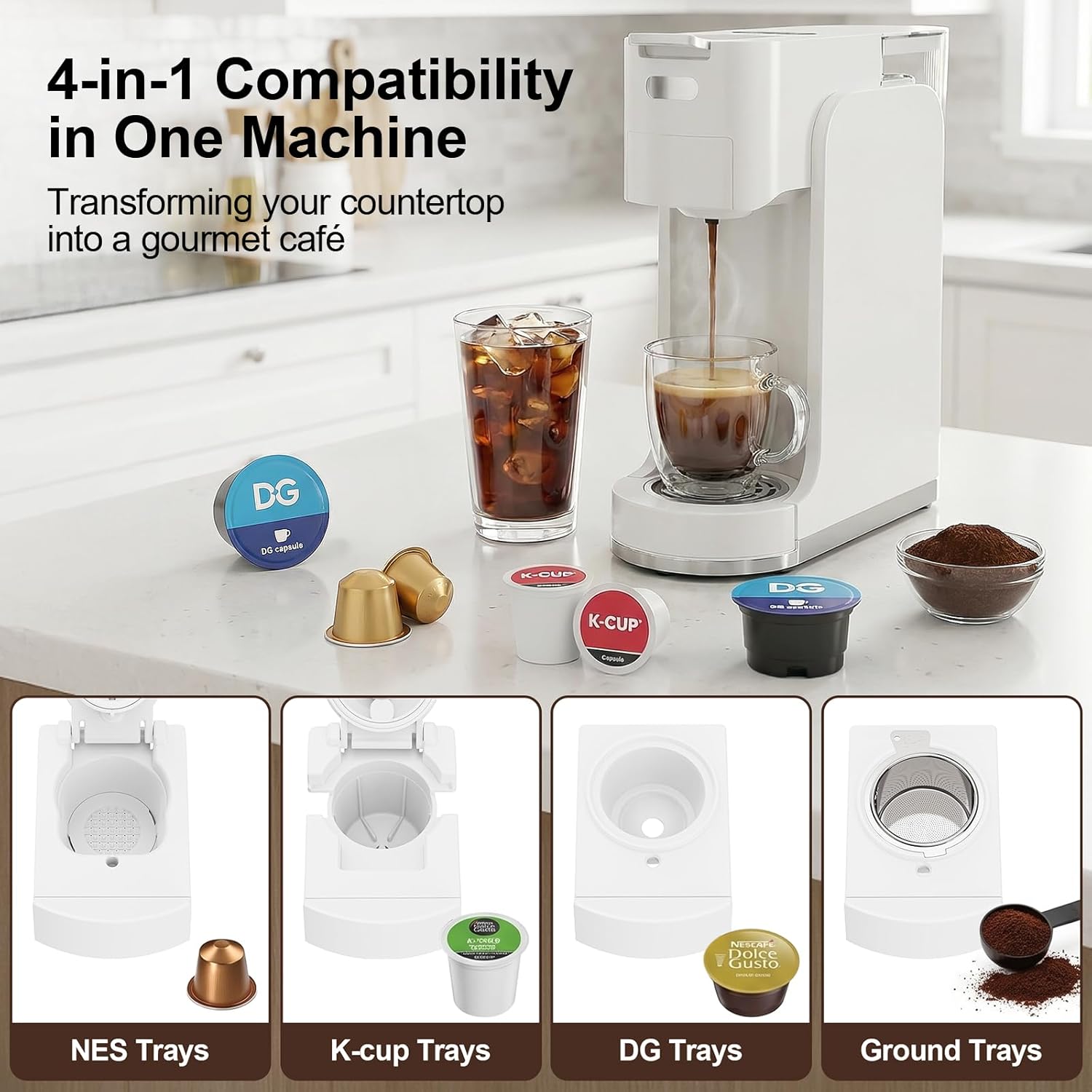 Single-Serve Coffee Maker, 4 in 1 Hot and Iced Coffee Machine, 20-Bar Espresso Coffee Maker for Ground Coffee, K-Cup Pod, NES Original and DG Pod, Customizable Brew Volume, Heats up in 3 seconds