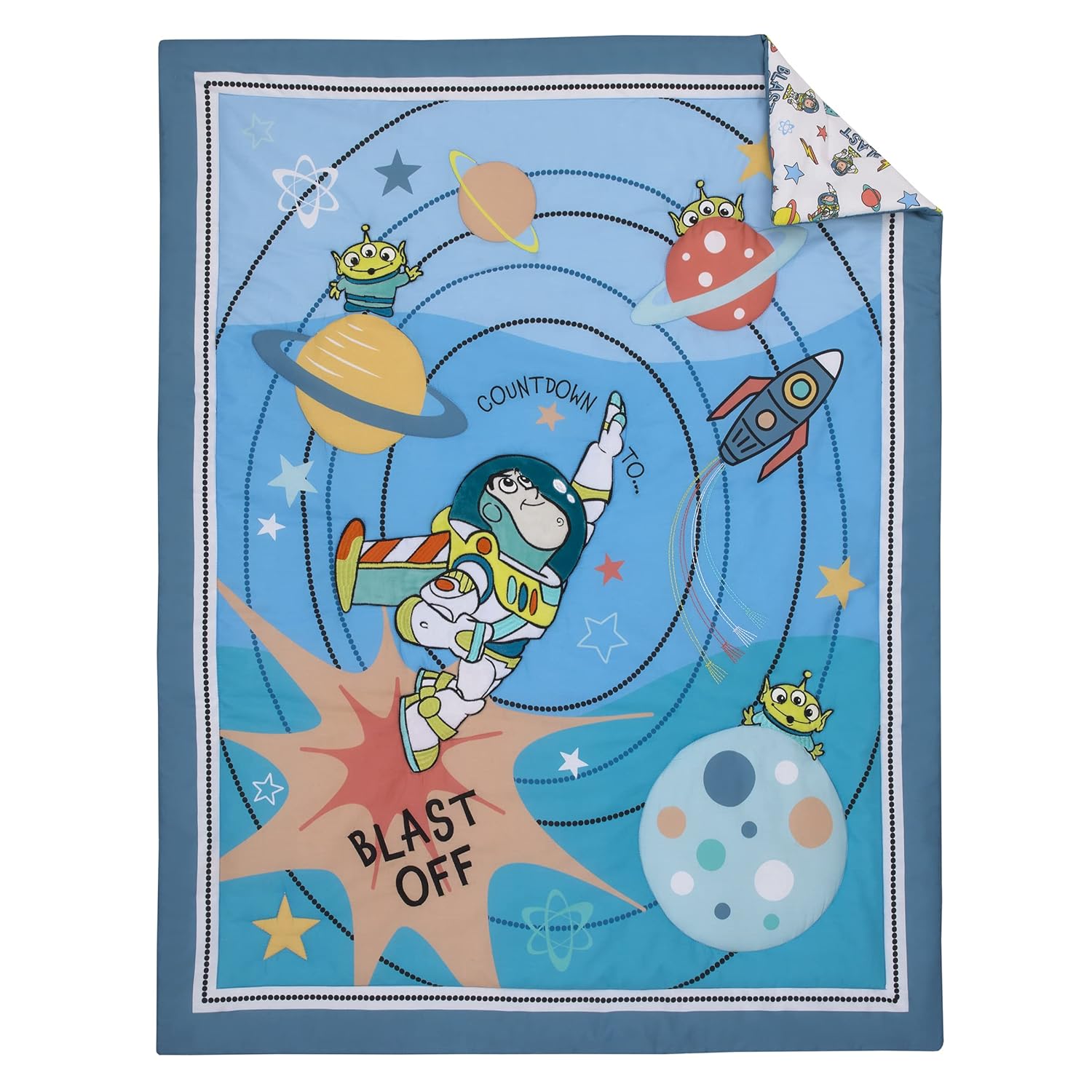 NoJo Disney Toy Story Buzz Lightyear Blue, Orange, and Yellow Countdown to Blast-Off 3 Piece Nursery Crib Bedding Set - Comforter, 100% Cotton Fitted Crib Sheet and Crib Skirt
