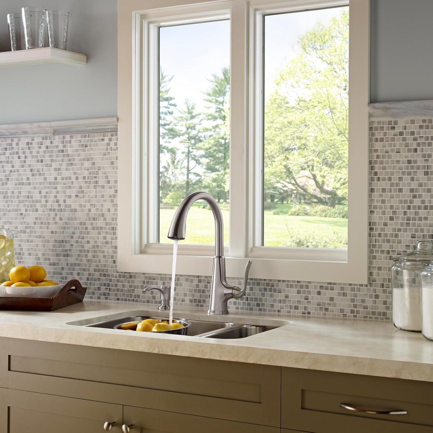 Pfister Pasadena Kitchen Faucet with Pull Down Sprayer and Soap Dispenser, Single Handle, High Arc, NSF Certified, Stainless Steel Finish, F5297PDS