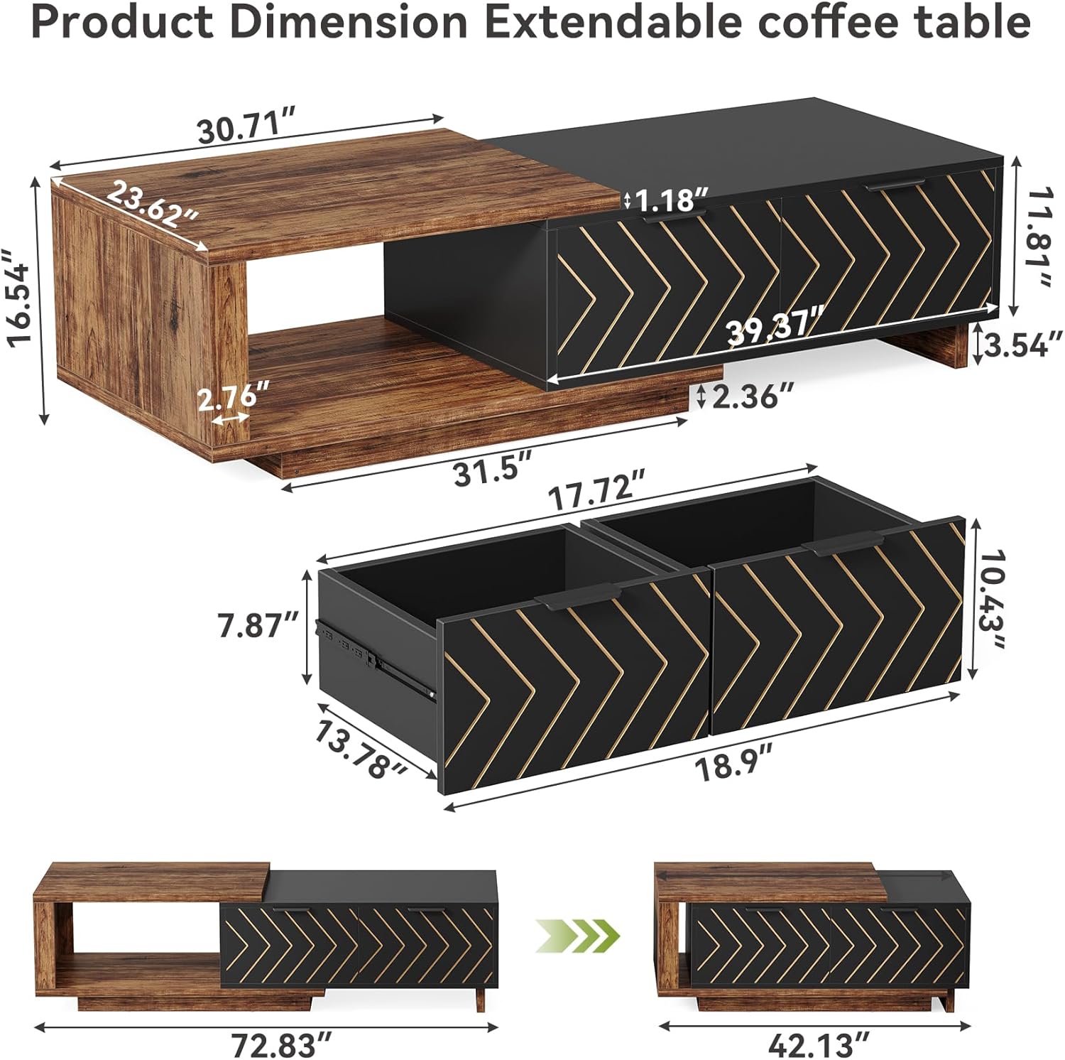 LITTLE TREE Expandable Wooden Coffee Table with 2 Drawers, Space-Saving Rectangular Farmhouse Center Table, Perfect for Living Room and Office, Brown and Black