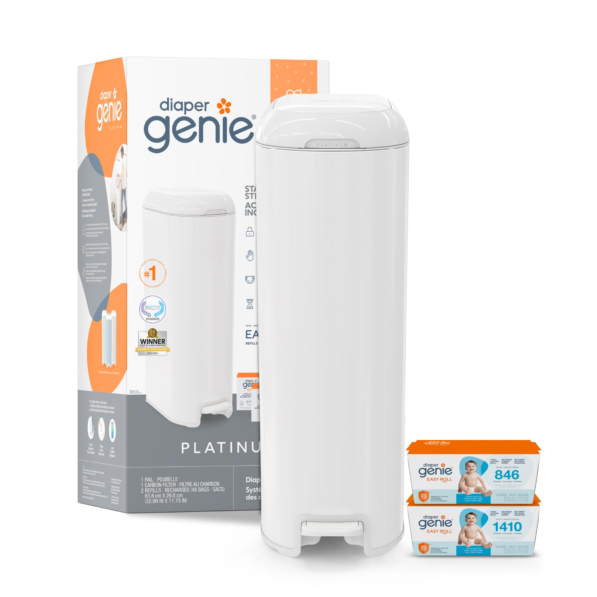 DIAPER GENIE Platinum Diaper Pail Gift Set | Hands-Free Odor Control