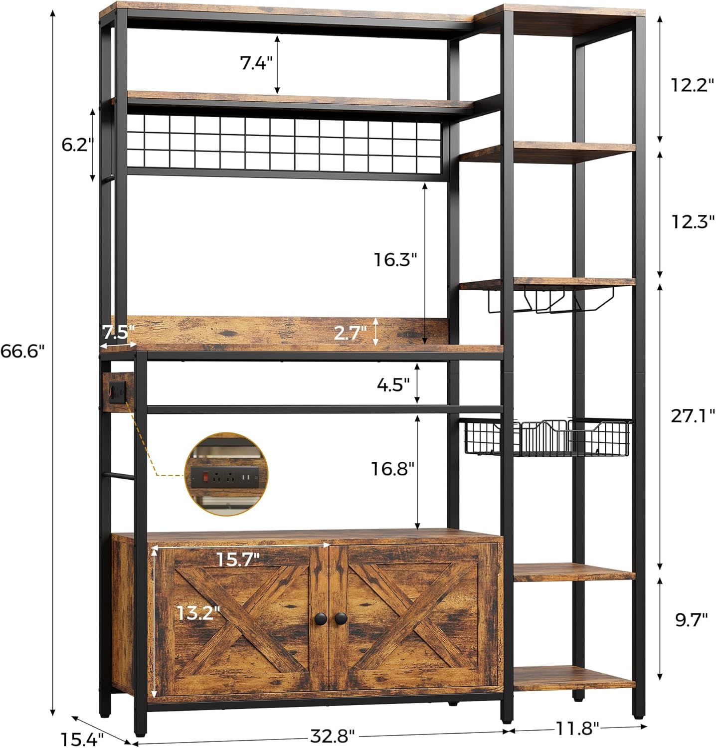 IRONCK Bakers Rack with Power Outlet, Kitchen Microwave Stand with Storage Cabinet, 47.24 Inch Coffee Bar Cabinet, Kitchen Racks with Shelves, LED Light, Globlet Holder and Wine Basket, Vintage Brown