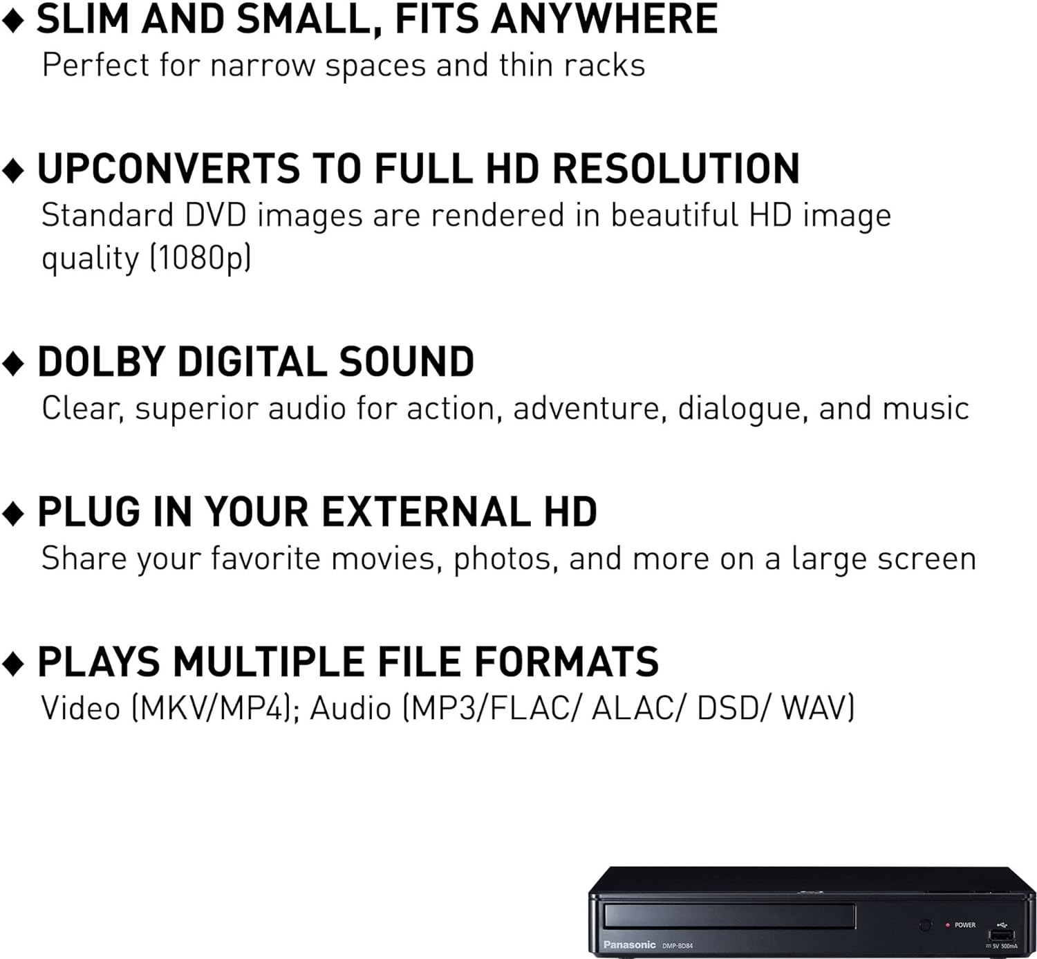 Panasonic Blu-Ray Player with Full HD Picture Quality and Hi-Res Dolby Digital Sound, DMP-BD84P-K Blu Ray DVD Player, Black