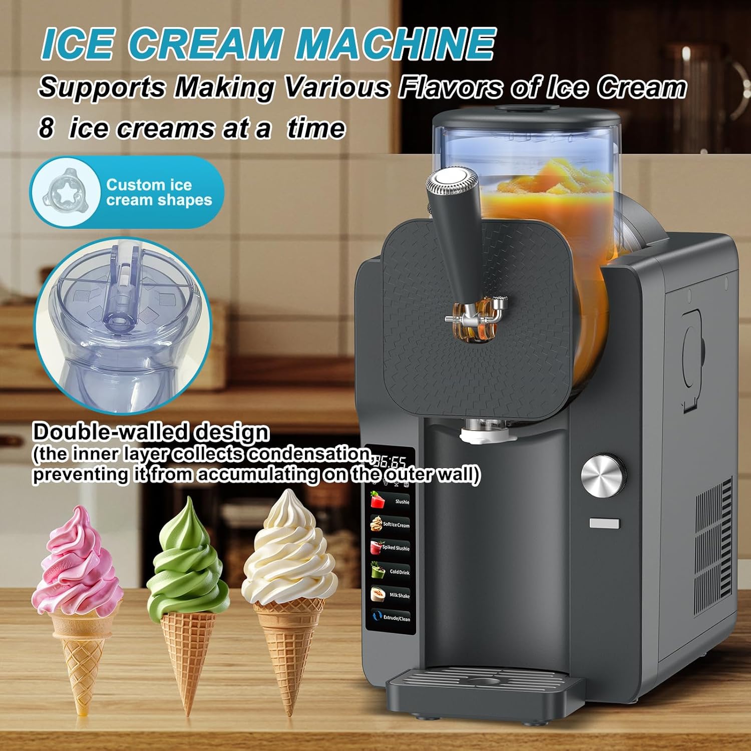 Ice Cream Maker, Slushie Machine for Home, Slushy Machine 70 oz Margarita Machine with 6 Preset Programs for Ice Cream, Milkshake, Cocktail, Frappés, 9-level Adjustable Thickness, Gray