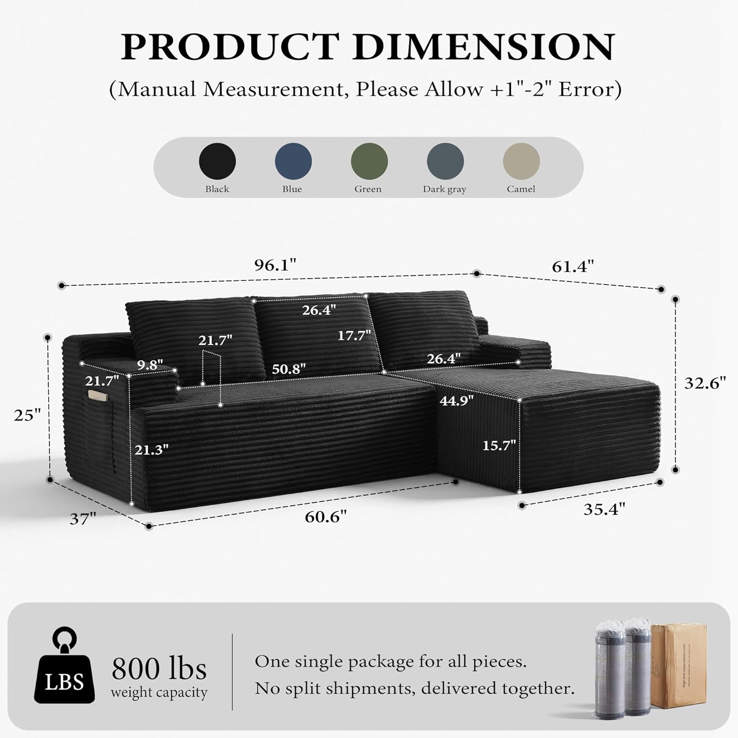 Sectional Couches for Living Room Cloud Couch Sofa with L-Shape Upholstered Boneless Couchs Modern Modular Sectional Couch with Chaise (Black, 96
