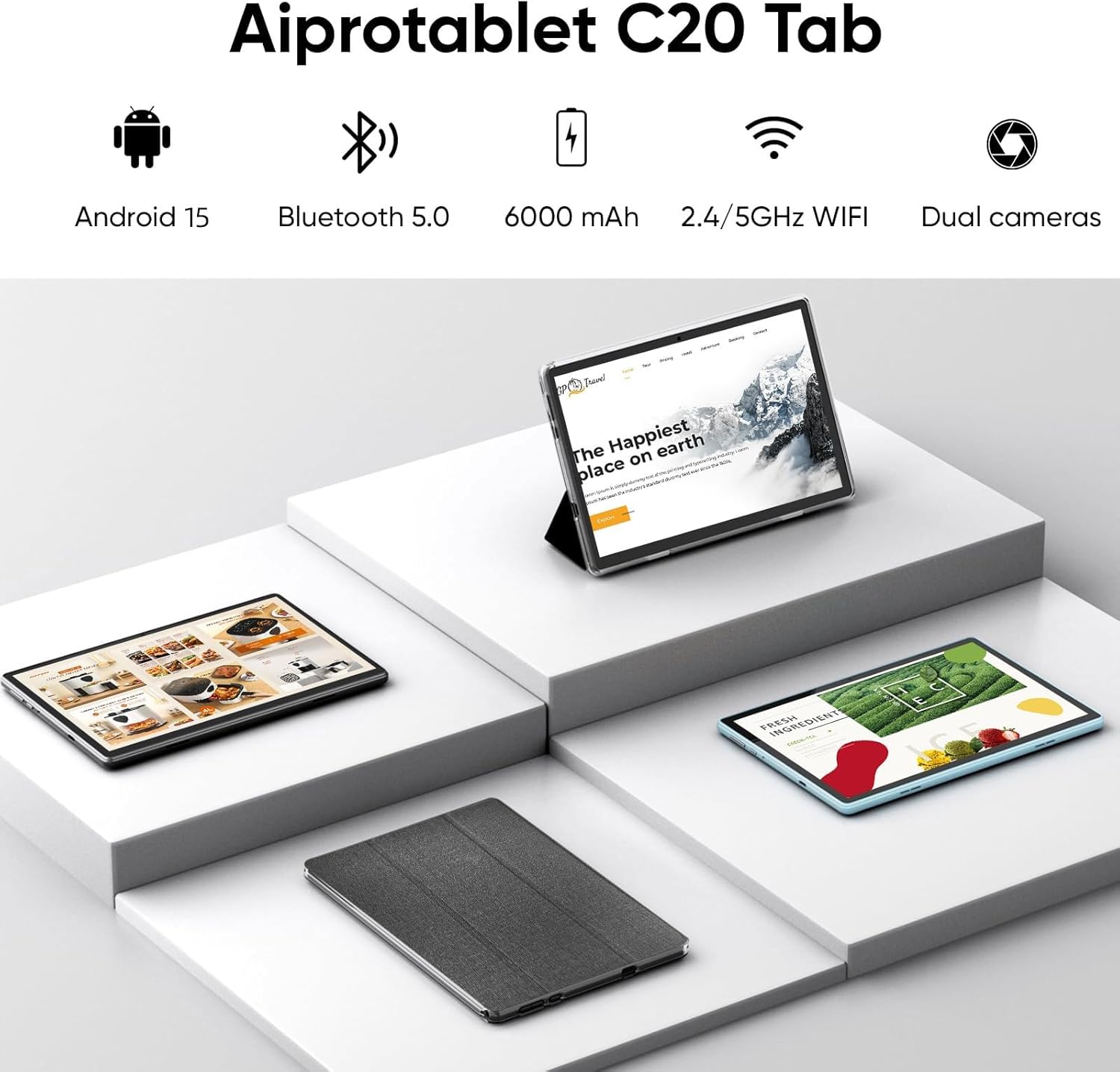 aiprotablet Tablet 10 inch Android 15 Tablets, 12GB RAM 64GB ROM 1TB Expand, Quad-Core Processor, 1280x800 LCD Touch Screen, WiFi 5, Dual Camera, BT5.0, 6000mAh Battery (Blue)
