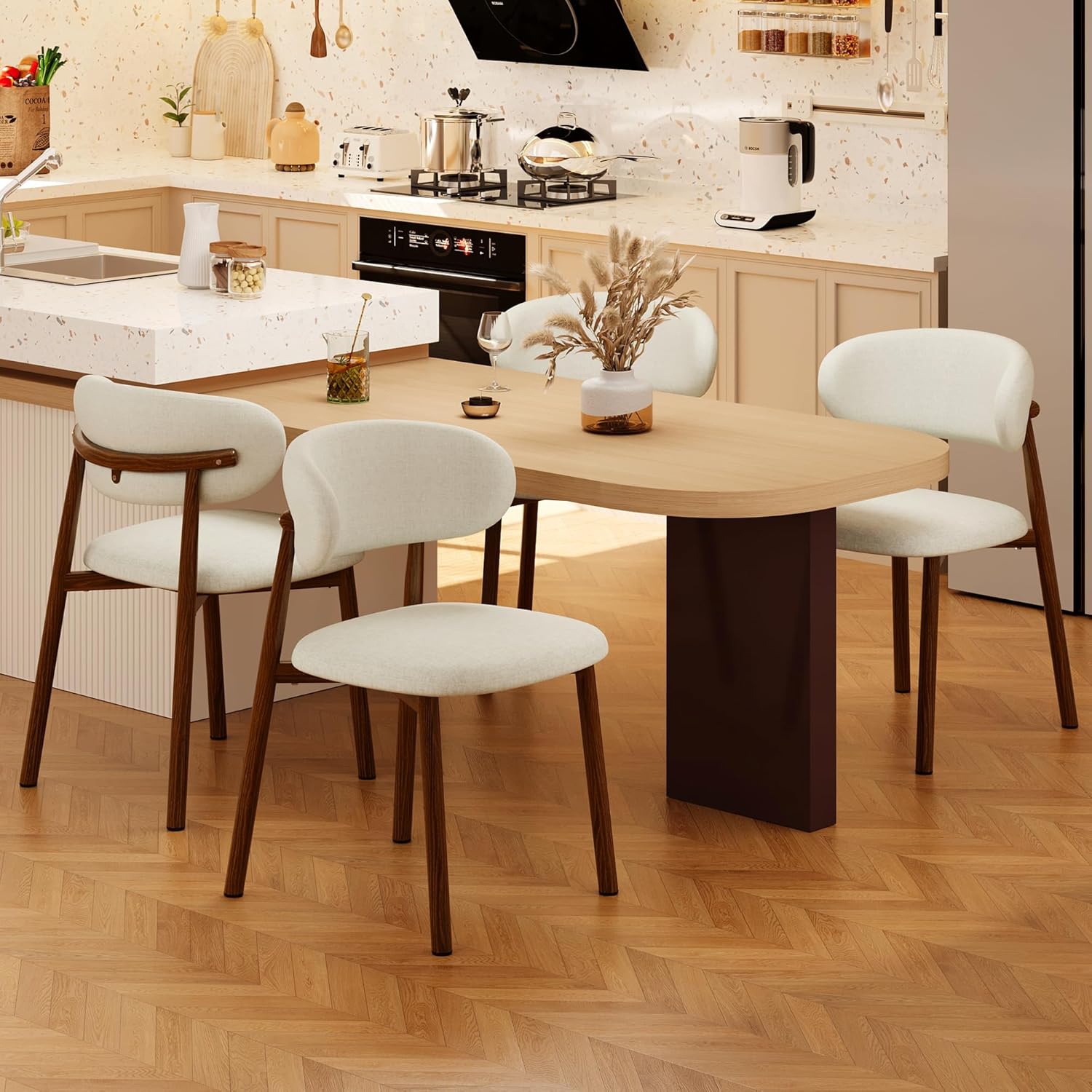 Kitchen Dining Chairs Set of 4 Modern Soft Linen Farmhouse Dining Room Chair with Metal Legs, Beige/Walnut