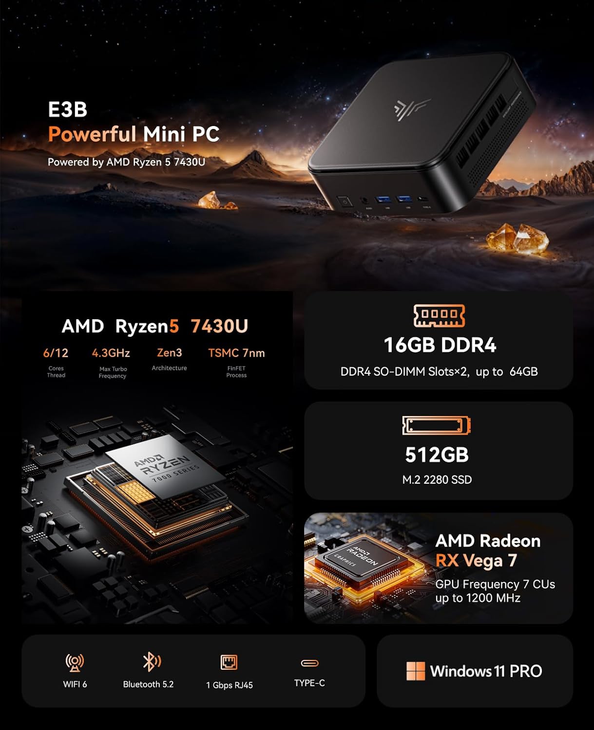 KAMRUI E3B Mini PC with AMD Ryzen 5 7430U (Beat 5500U, up to 4.3GHz), 16GB DDR4 512GB M.2 SSD Mini Computer, Mini Gaming PC with USB Type-C Supports Triple 4K Display, WiFi 6, BT 5.2
