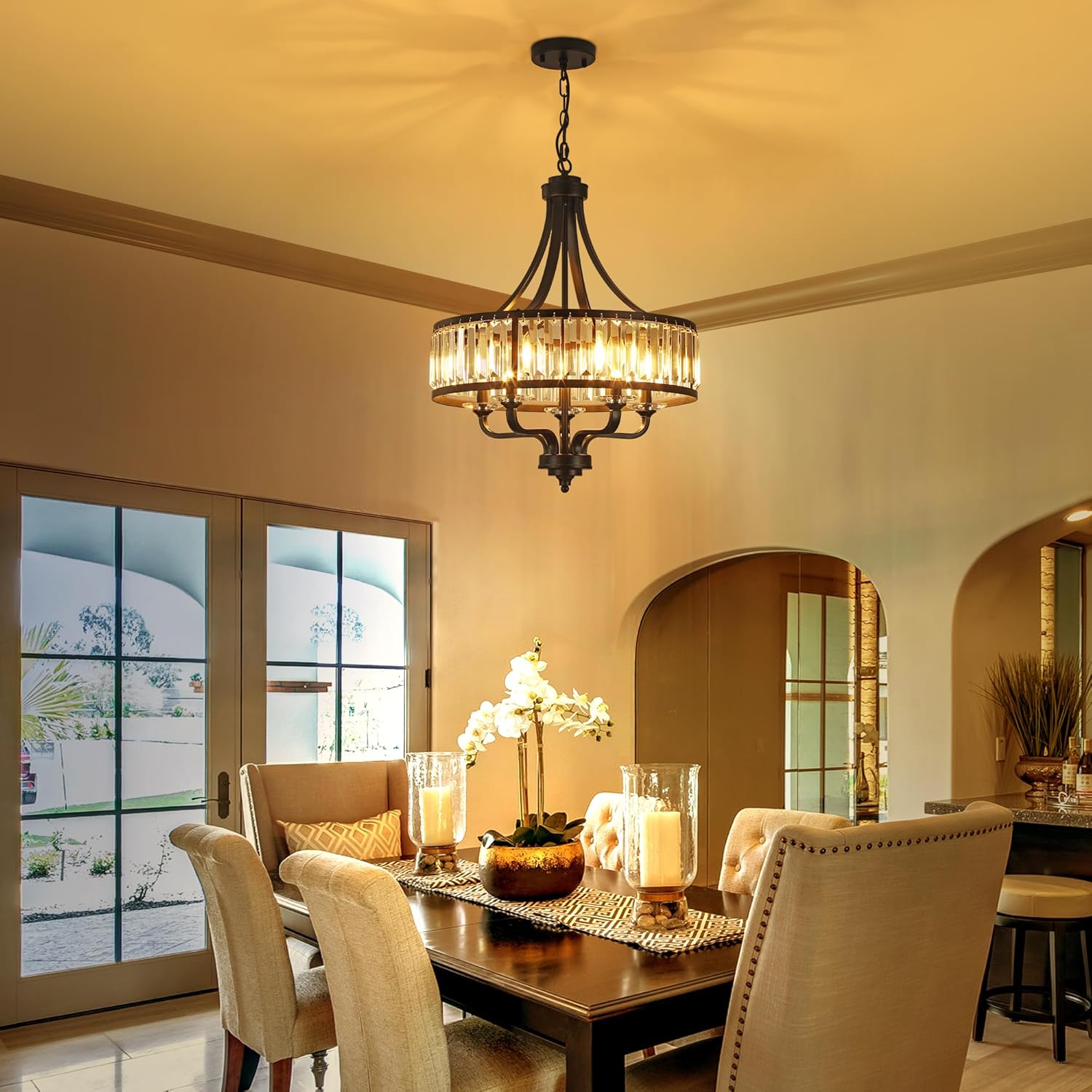 Modern Black Crystal Chandelier,5-Light Farmhouse Dining Room Light Fixture Over Table Adjustable Height Hanging Industrial Pendant Lights Kitchen Island,Living Room Kitchen Island Entryway