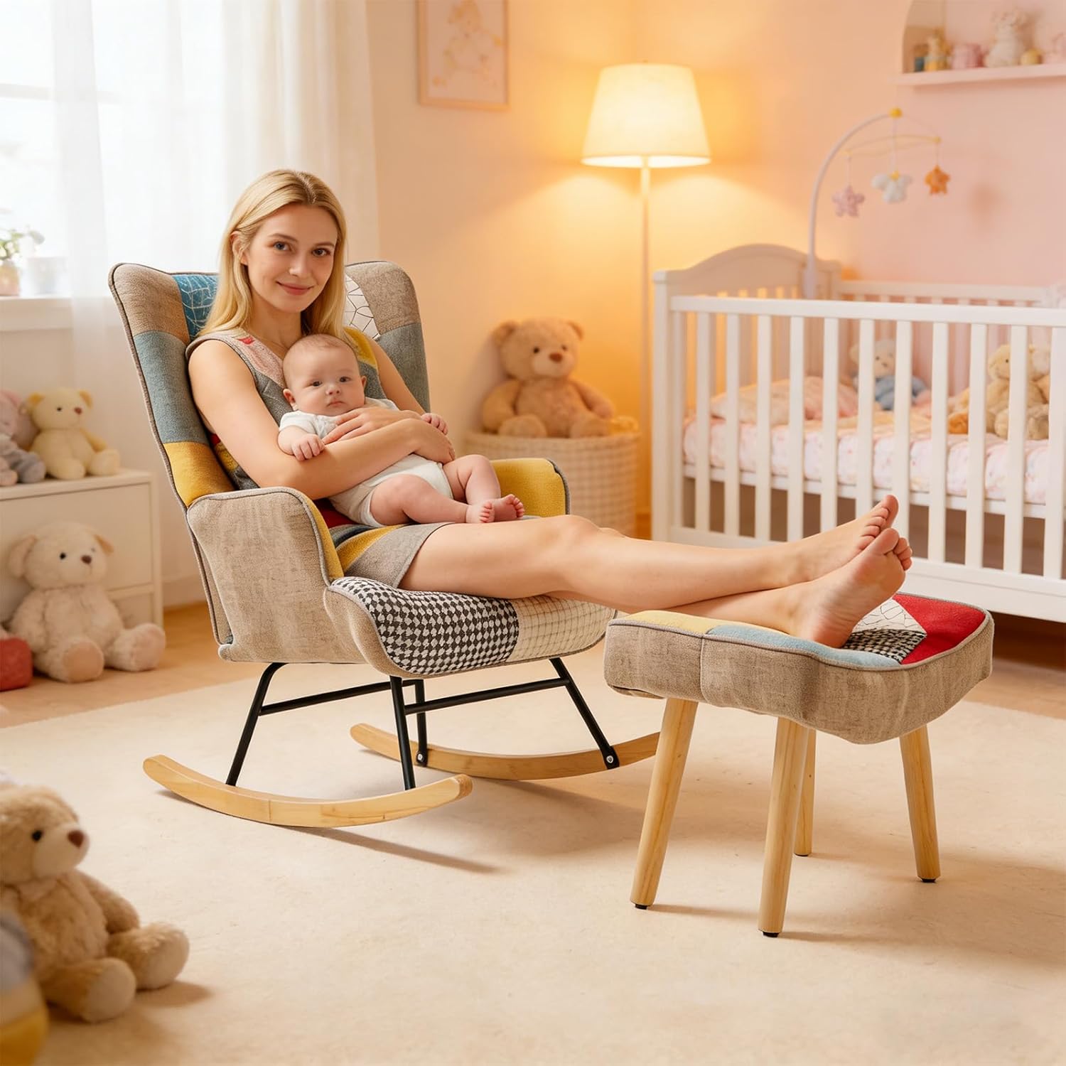 Nursery Rocking Chair, Baby Toddler Glider Rocker with Ottoman, Comfy Accent Chair, for Bedroom Living Room Small Spaces, Patchwork Linen, Colorful